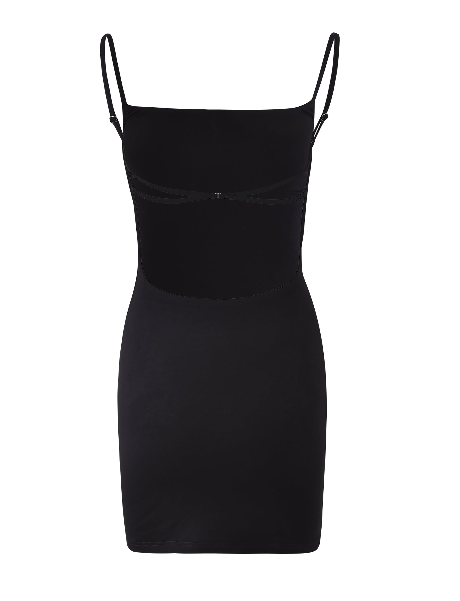 The TIGERMIST MINERVA MINI DRESS - BLACK is a sleeveless, form-fitting bodycon mini dress with thin adjustable spaghetti straps and a straight neckline, shown on a white background.