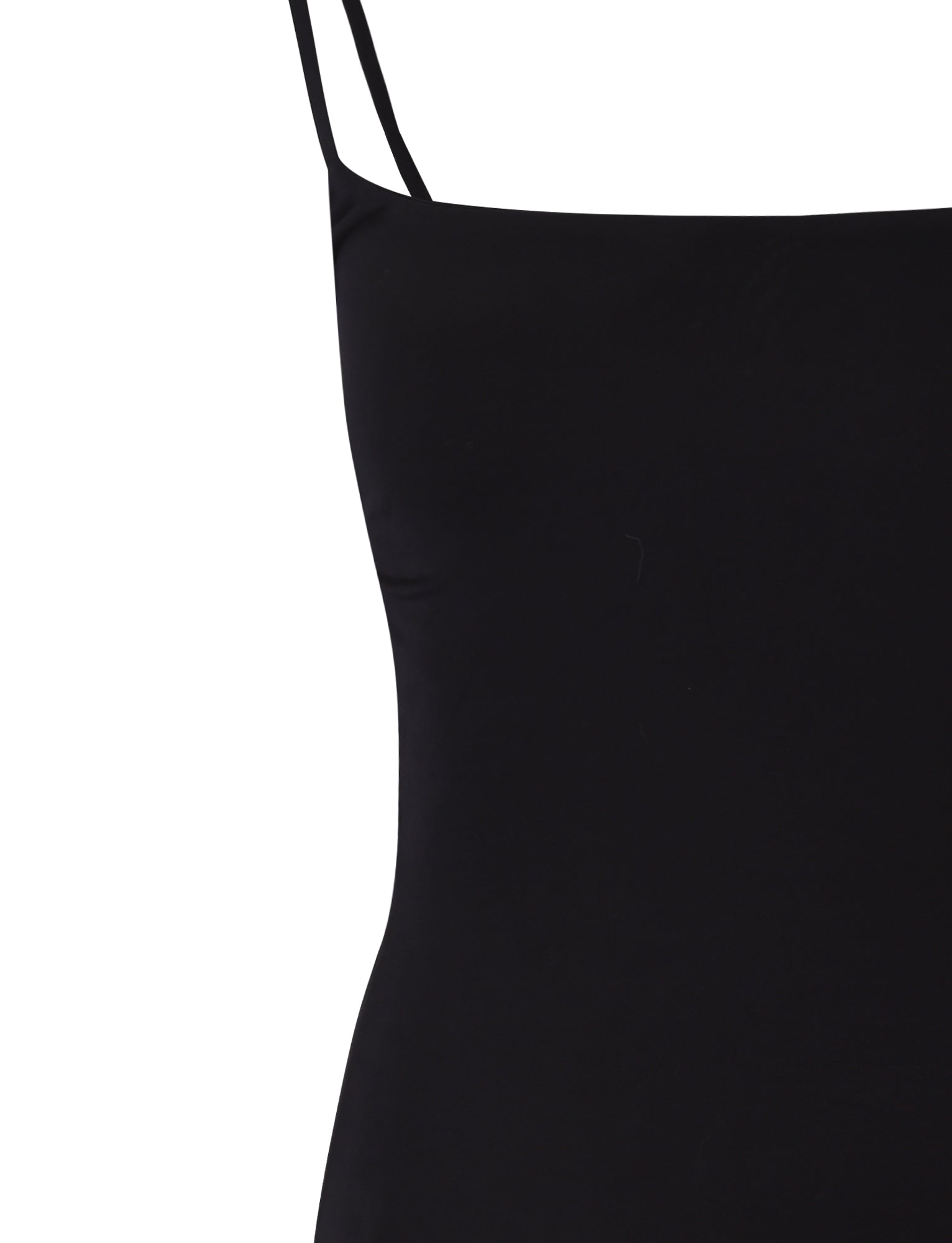 A close-up of the TIGERMIST MINERVA MINI DRESS in black features thin spaghetti straps and an adjustable fit, shown against a white background with focus on the upper and chest area.