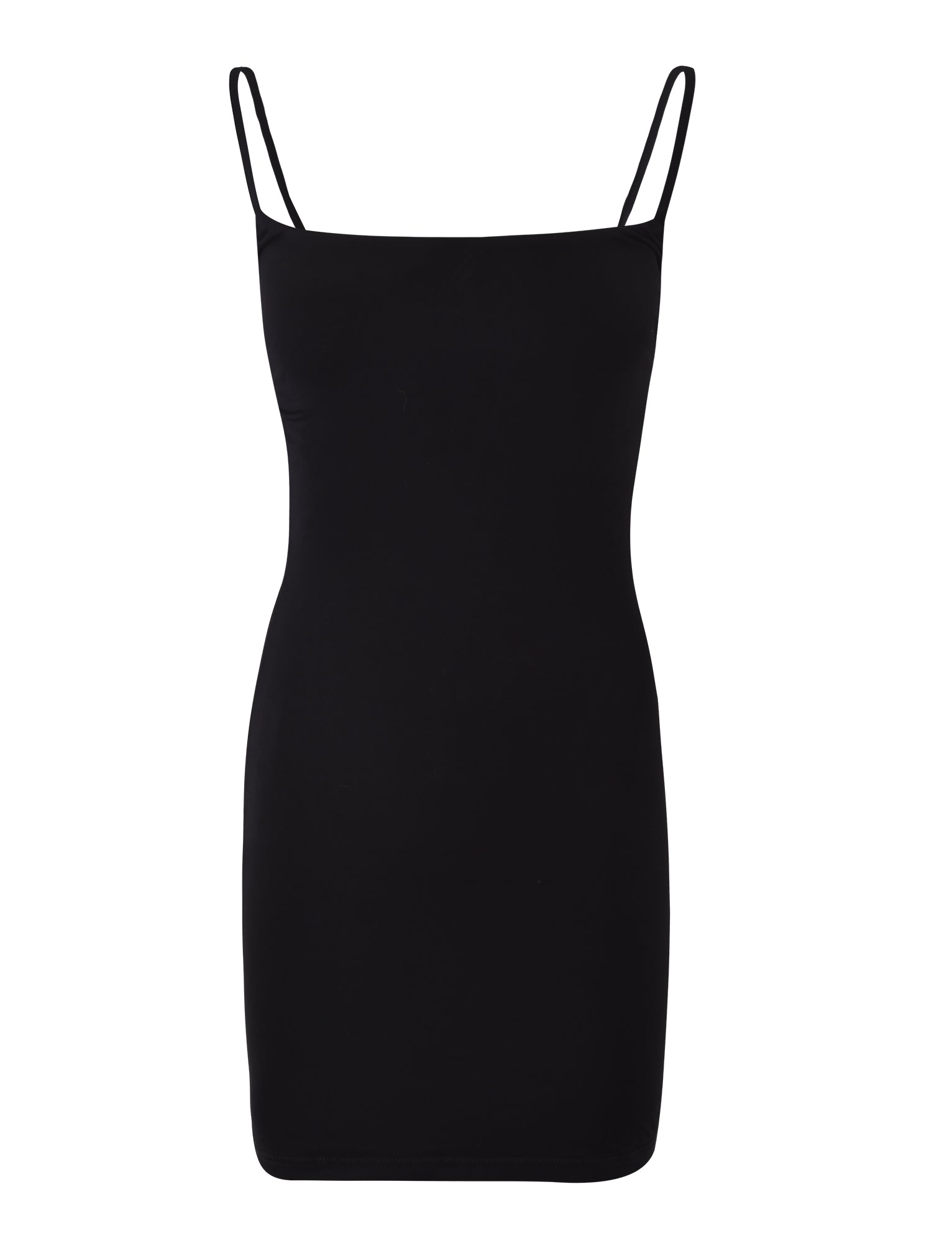 The TIGERMIST MINERVA MINI DRESS in black is a simple, sleeveless slip dress featuring adjustable spaghetti straps and a straight neckline, shown against a plain white background.