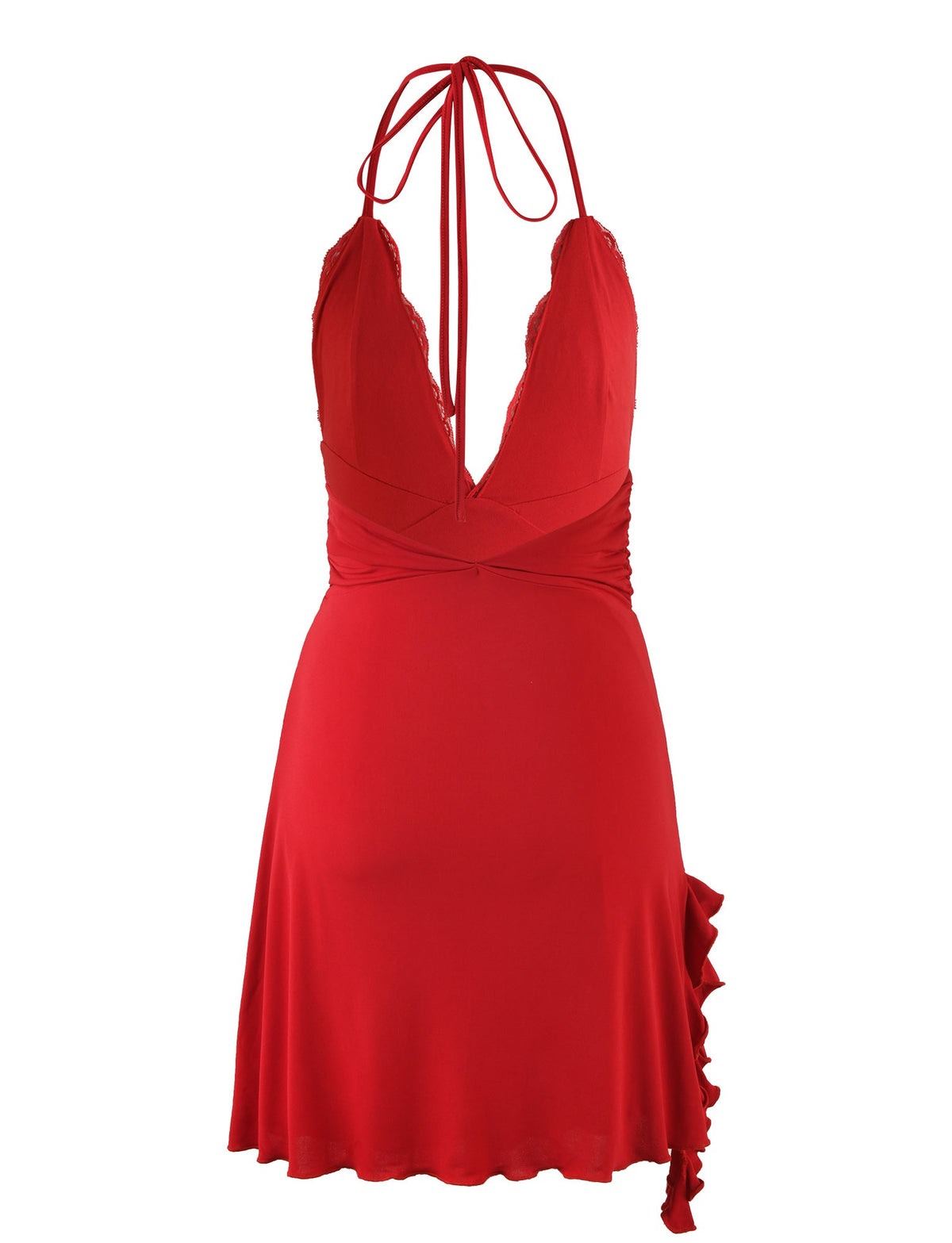 The DEENA DRESS - RED by TIGERMIST is a stunning sleeveless halter neck dress with a deep V neckline and ruffled detailing on one side. It features a fitted waist and an A-line skirt that falls above the knee. The back is open and secured with tie straps at the neck, making it both elegant and captivating.