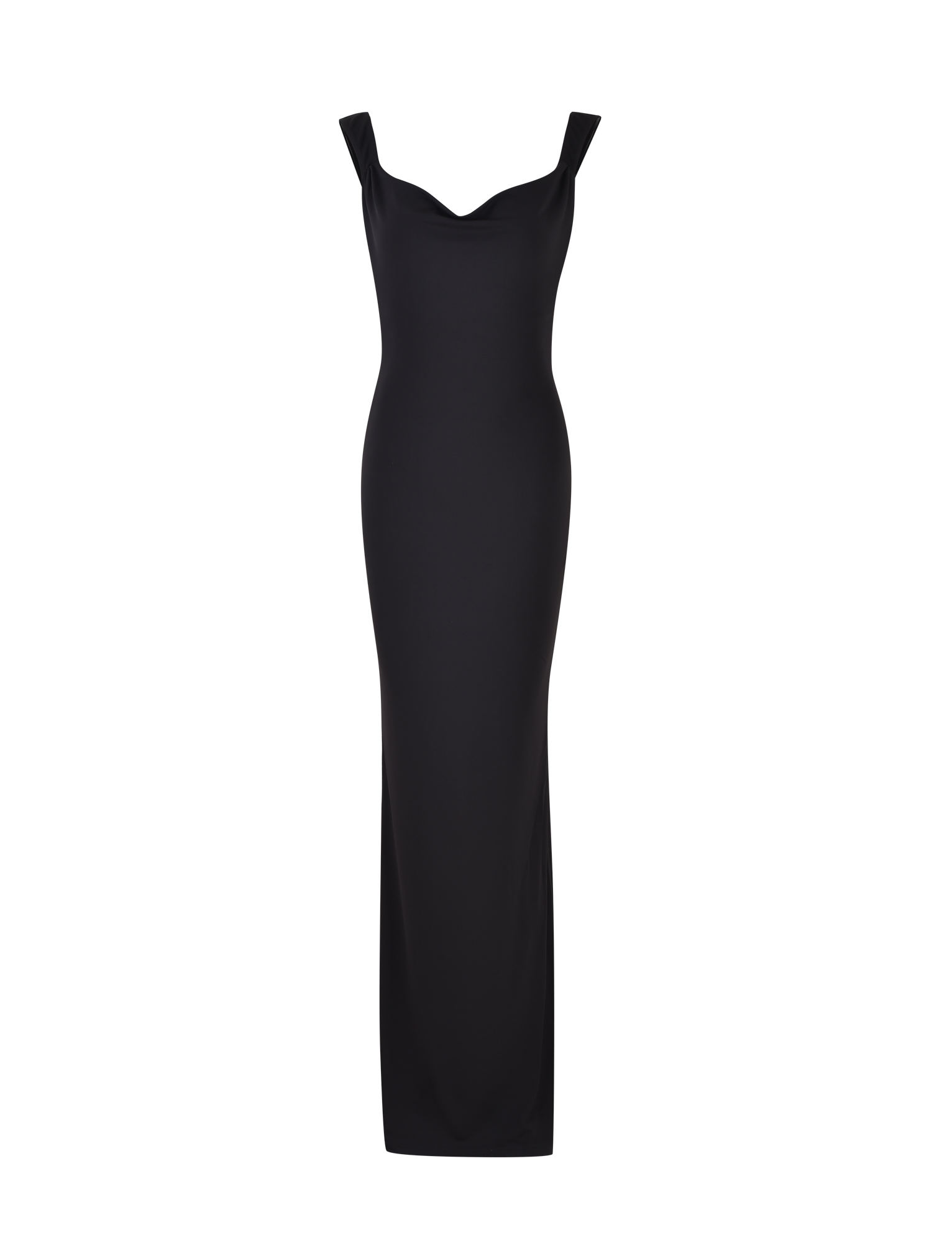 The TIGERMIST ZITA DRESS - BLACK is a sleeveless maxi dress with thick shoulder straps, a scoop cowl neck, and a floor-length bodycon silhouette, showcased on a white background.