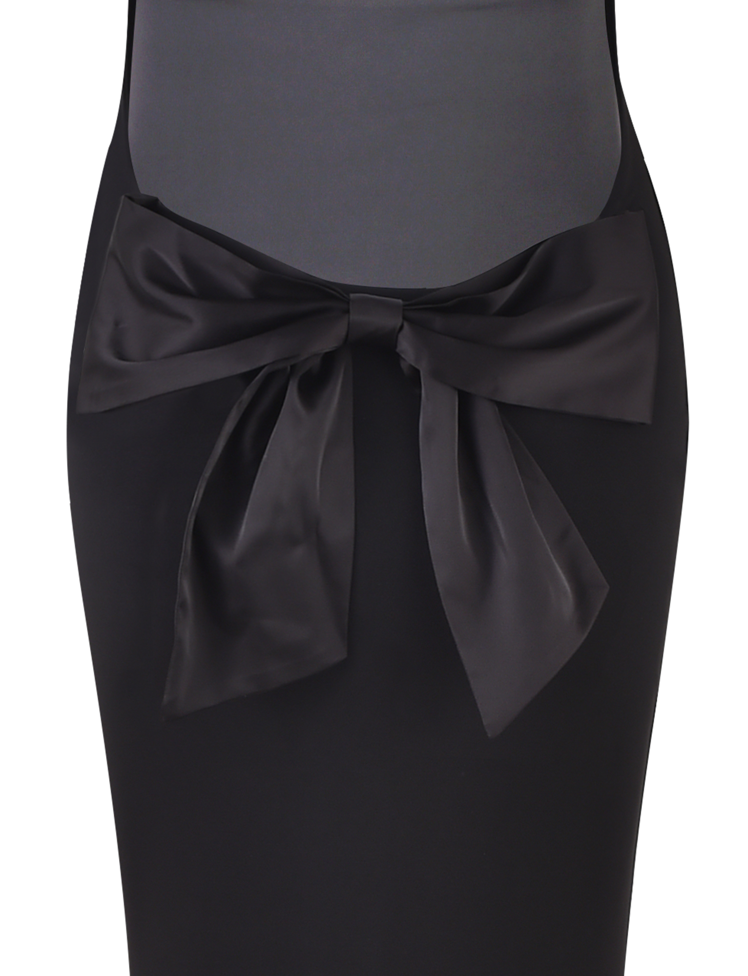 A close-up of the ZITA DRESS - BLACK by TIGERMIST, a black maxi dress with a bodycon fit and a large, shiny satin bow at the waist, set against a plain background.