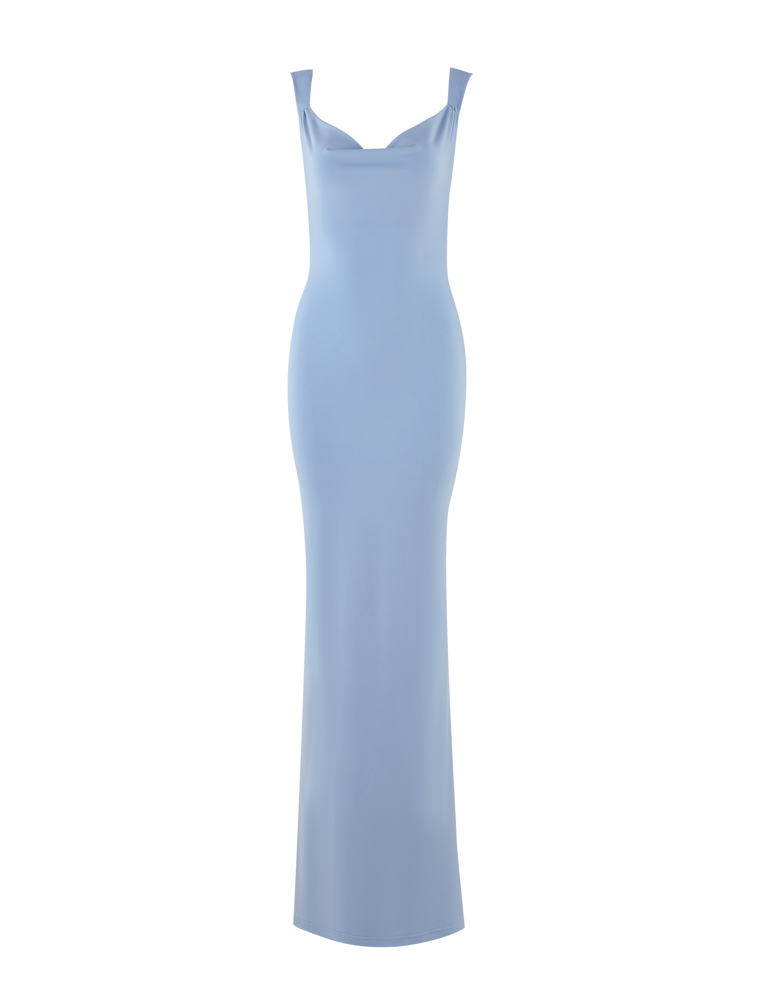 The TIGERMIST ZITA DRESS - BLUE : BABY BLUE is a sleeveless, floor-length dress with a cowl neckline and bodycon fit, shown on a plain white background.