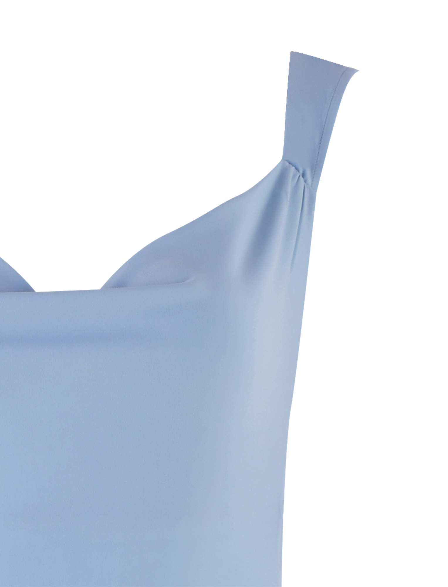 Close-up of the TIGERMIST ZITA DRESS in baby blue, featuring wide straps and a cowl neckline with a bodycon-inspired silhouette, shown against a white background.