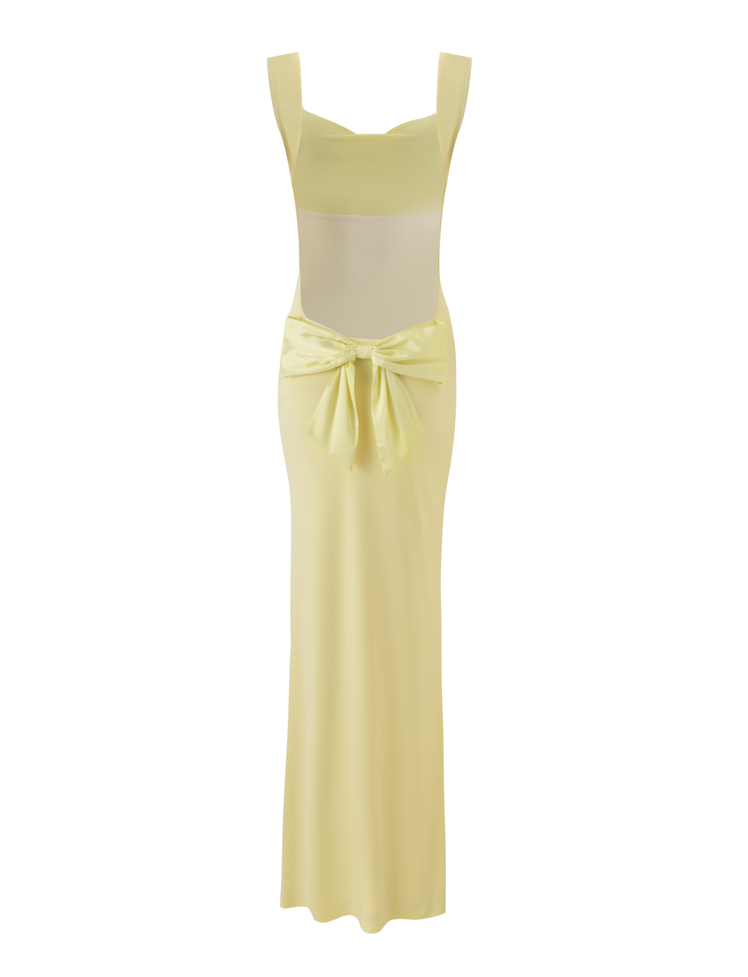 The TIGERMIST ZITA MAXI DRESS - LEMON is a sleeveless, floor-length pastel yellow dress with a square neckline and a large decorative waist bow, styled against a matching soft yellow background.