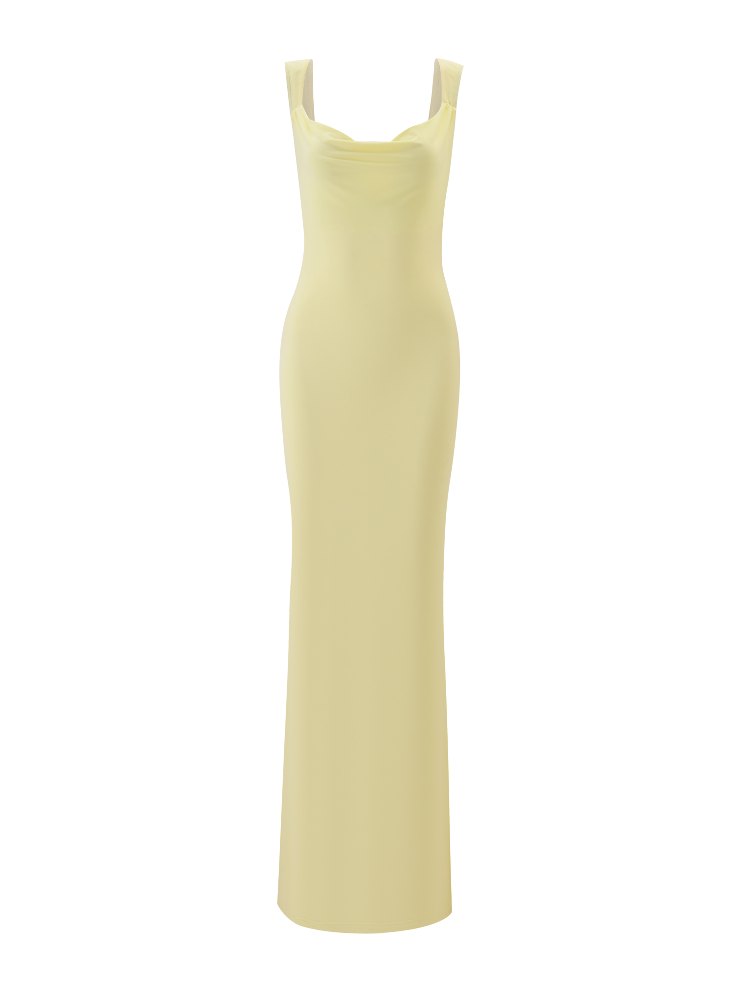 The TIGERMIST ZITA MAXI DRESS - LEMON is a long, sleeveless pastel yellow bodycon dress with a subtle draped neckline, shown against a matching plain yellow background.