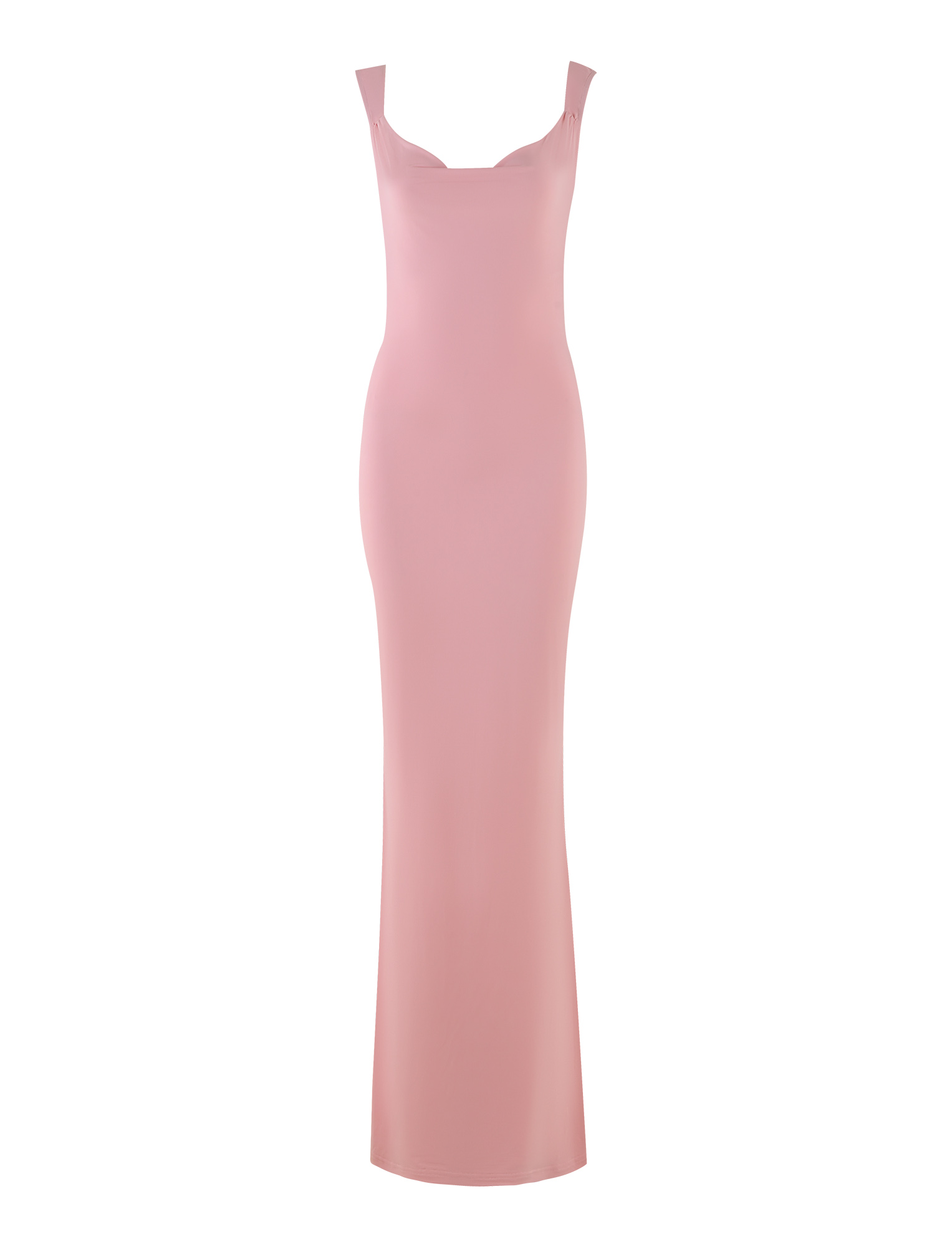 The TIGERMIST ZITA DRESS in Baby Pink, a sleeveless floor-length bodycon style with a subtle sweetheart neckline, is shown against a white background.