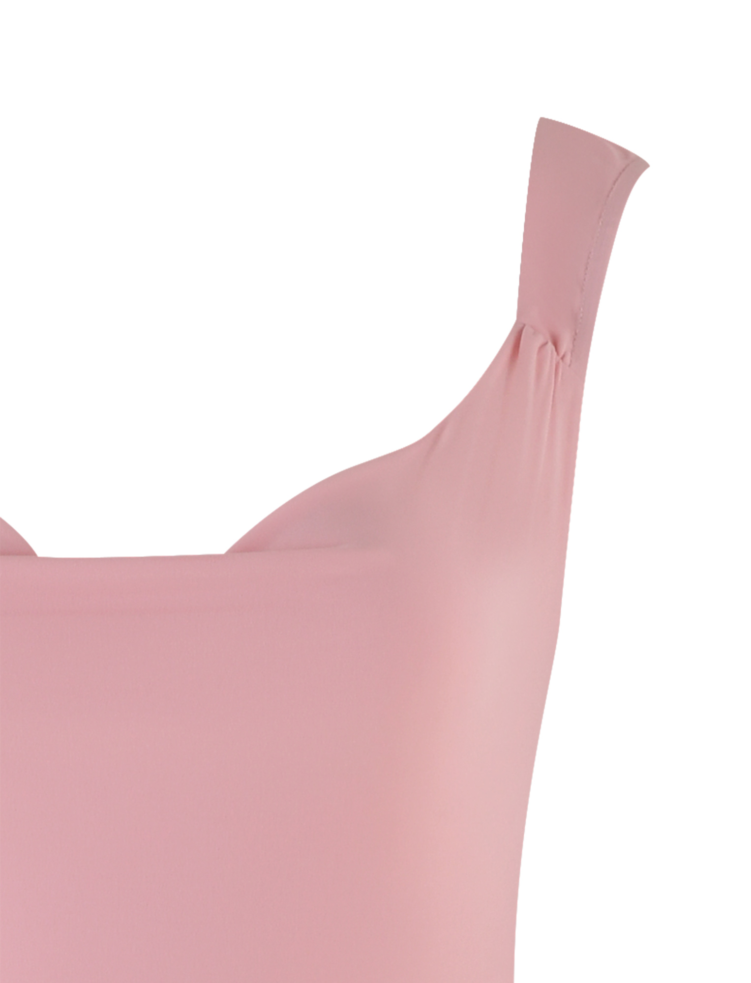Close-up of the TIGERMIST ZITA DRESS in baby pink, featuring a sleeveless bodycon fit, smooth stretchy fabric, minimalist design, upper bodice detail, and one wide shoulder strap.