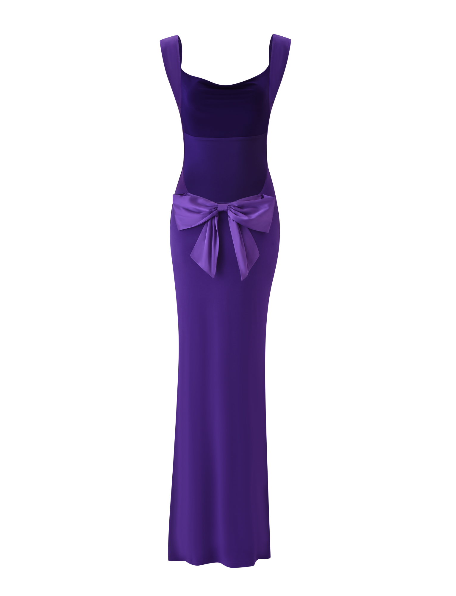The TIGERMIST ZITA MAXI DRESS in purple is a floor-length, sleeveless bodycon dress with a scoop cowl neck and a large decorative bow at the waist, shown on a white background.