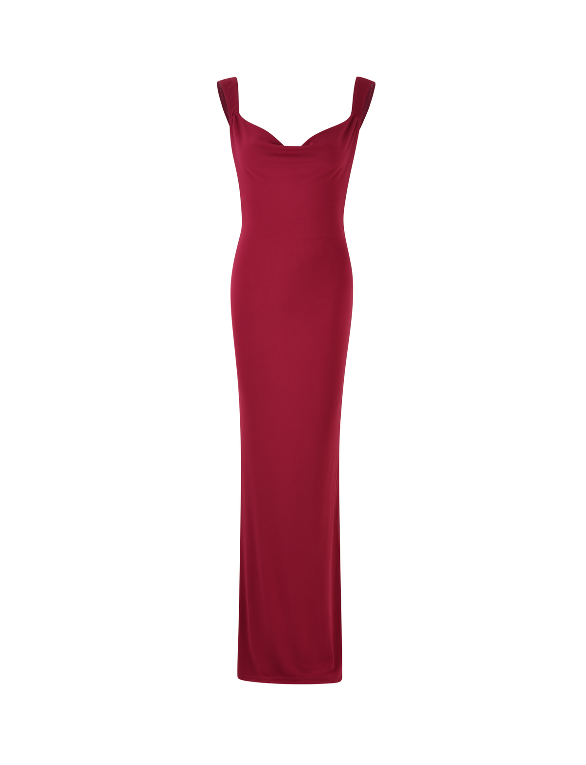 The ZITA DRESS - RED : SALSA : DEEP RED by TIGERMIST is a sleeveless, floor-length bodycon maxi with a draped neckline, shown elegantly on a white background.