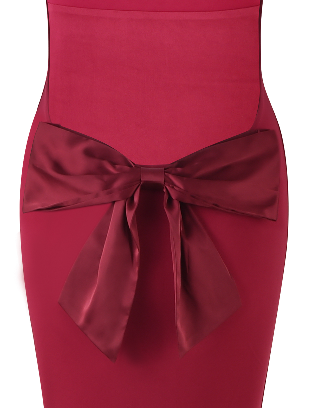 A close-up of the TIGERMIST ZITA DRESS - RED : SALSA : DEEP RED, a bodycon maxi dress detailed with a large, shiny satin waist bow.