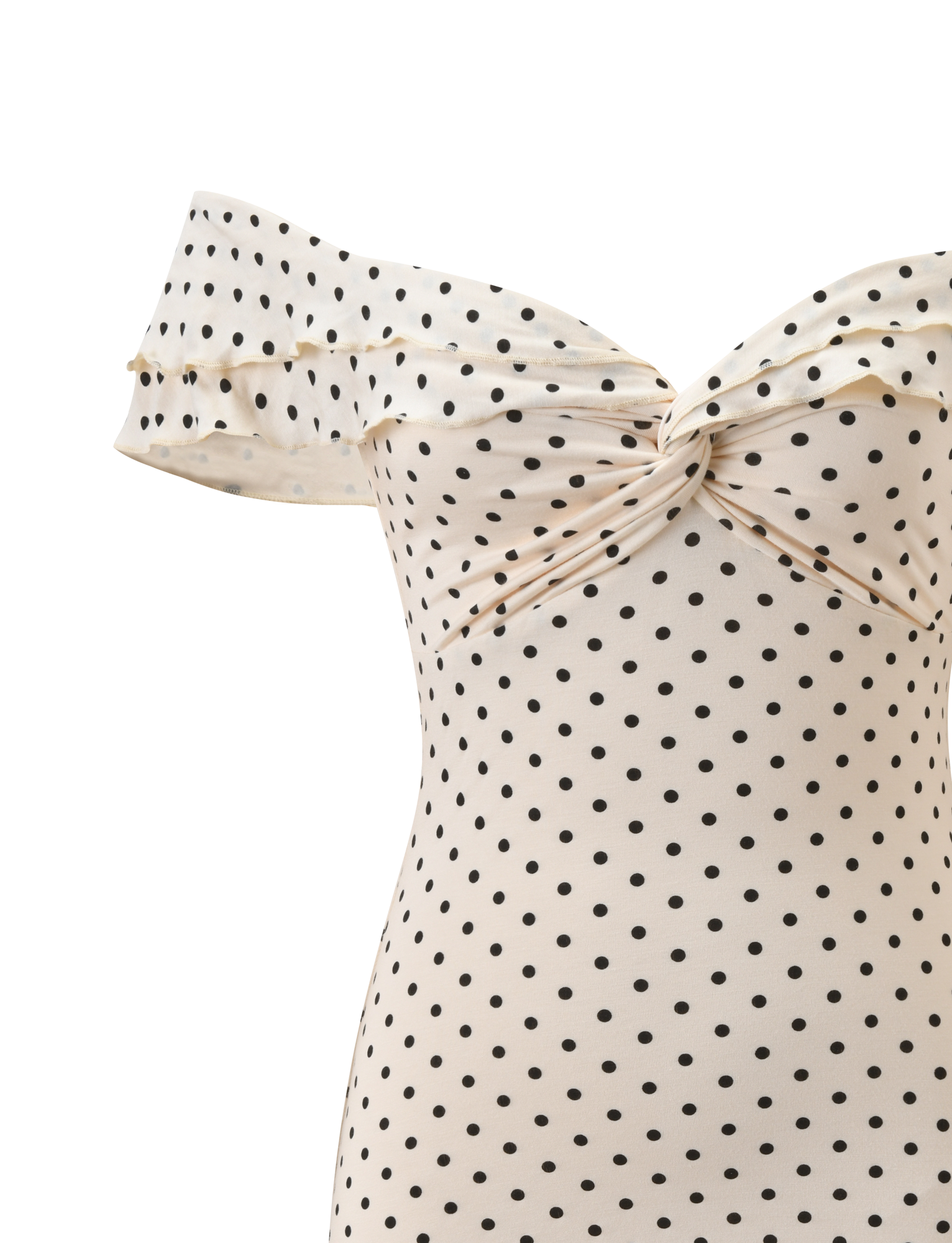 The DENALI MINI DRESS - CREAM DOT by TIGERMIST is an off-the-shoulder, white A-line mini dress with black polka dots, ruffled neckline, and a twisted knot detail at the chest.