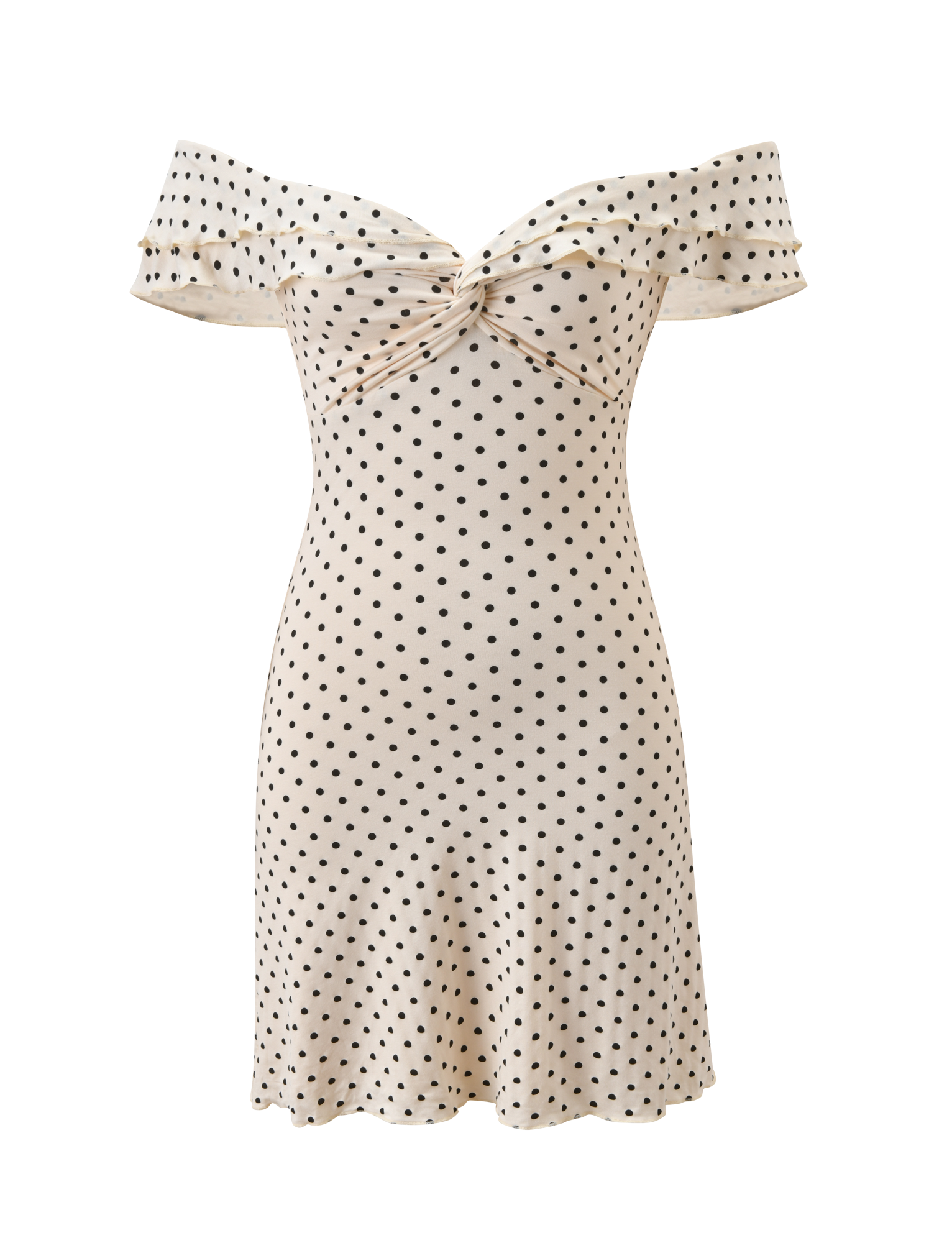 The DENALI MINI DRESS - CREAM DOT by TIGERMIST features an off-the-shoulder design, fitted silhouette, knot detail at the bust, and playful black polka dots for a chic mini look.