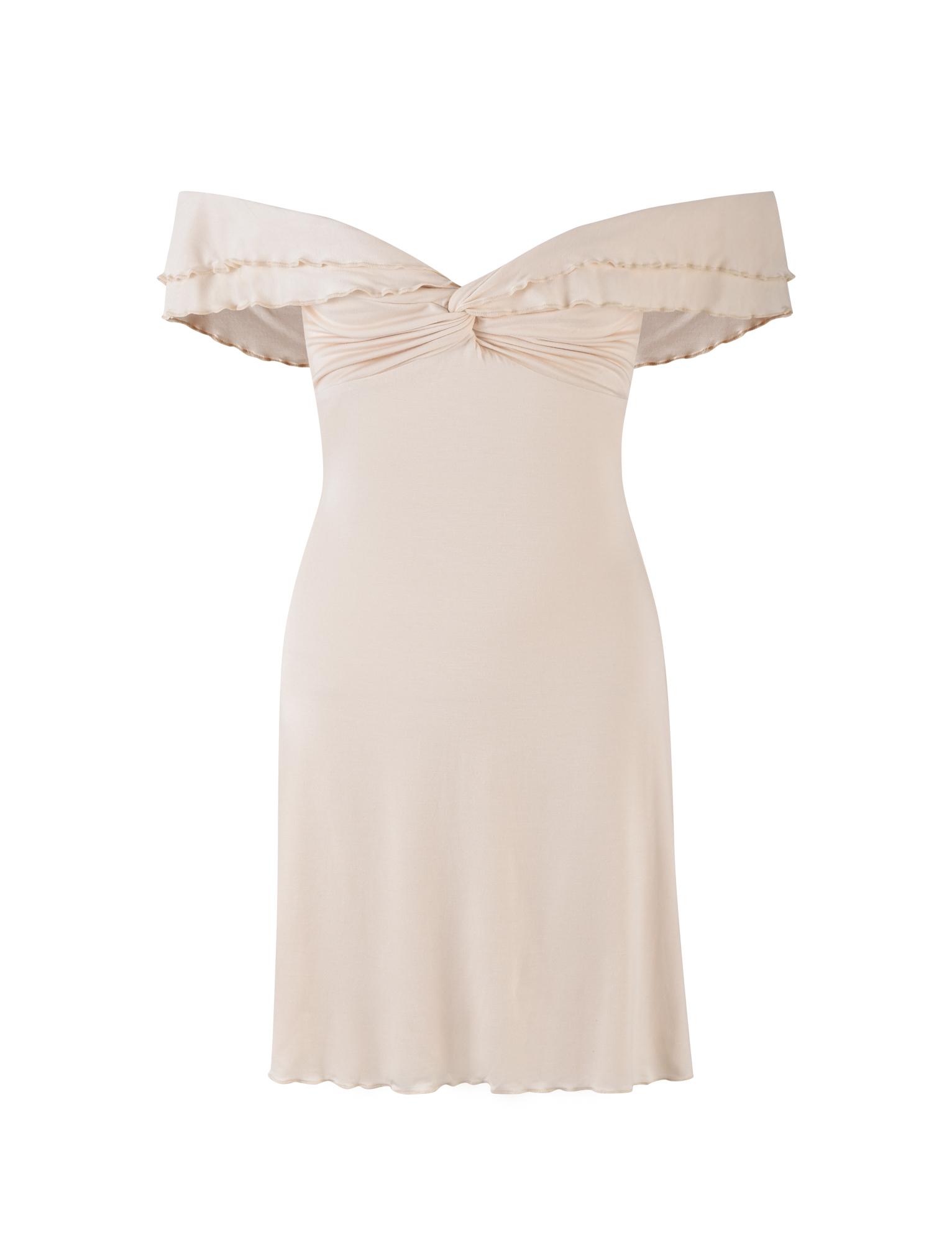 The DENALI MINI DRESS - WHITE : BONE by TIGERMIST features an off-the-shoulder design, sweetheart neckline, subtle ruffle trim, and A-line mini silhouette in a light beige tone for a chic, feminine, modern look.
