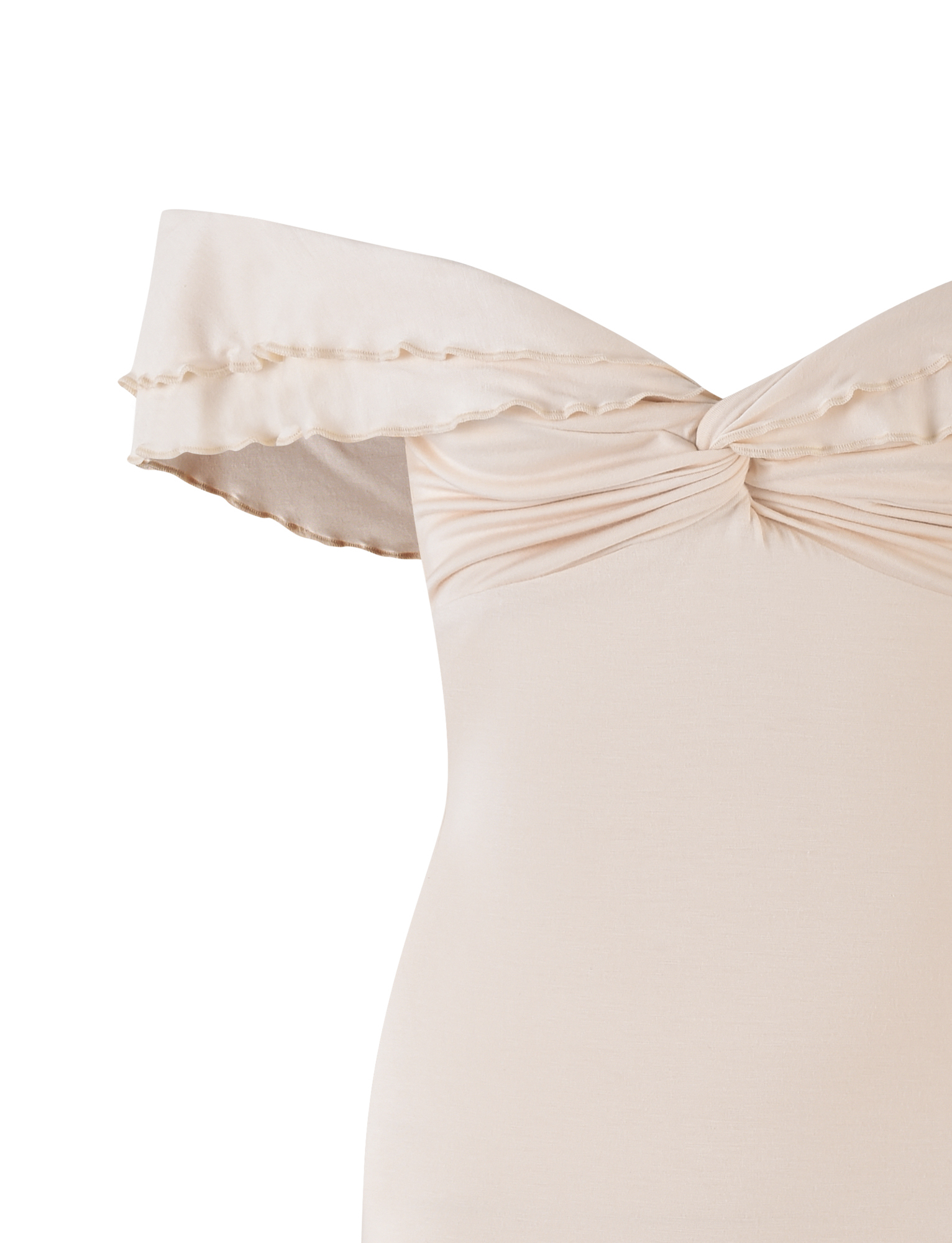The DENALI MINI DRESS - WHITE : BONE by TIGERMIST is an off-the-shoulder, light beige mini dress with a ruffled neckline, twisted knot at the bust, and a flattering A-line silhouette.