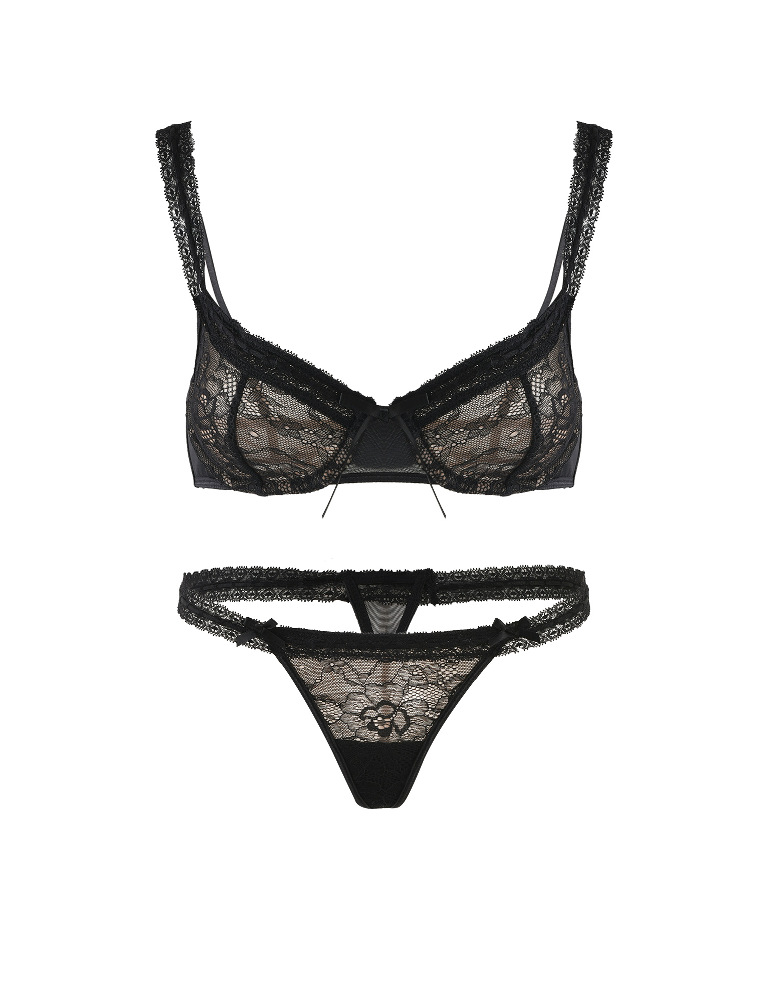 The TIGERMIST PANDORA SET - BLACK is a matching black lace lingerie set with sheer cups, adjustable straps, and a lace thong with strappy sides, shown on a white background.