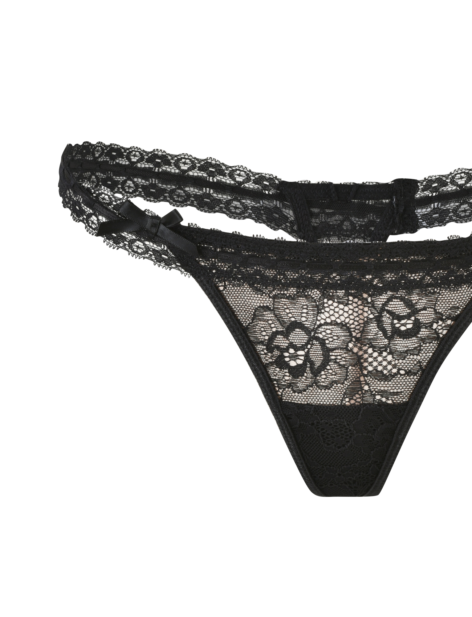 TIGERMIST PANDORA SET - BLACK: Black lace thong with floral patterns, decorative bows, and intricate detailing, shown against a white background.