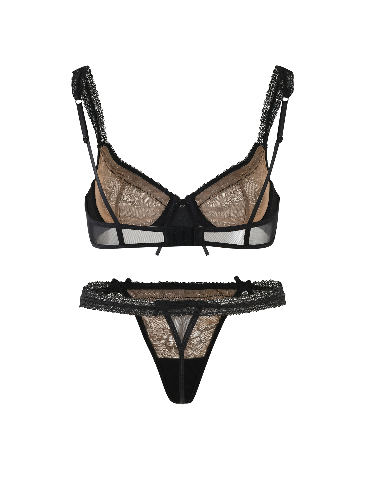 The TIGERMIST PANDORA SET - BLACK is a matching black lace lingerie ensemble with a sheer panel bralette featuring adjustable straps and a delicate lace thong with a thin waistband, shown on a white background.