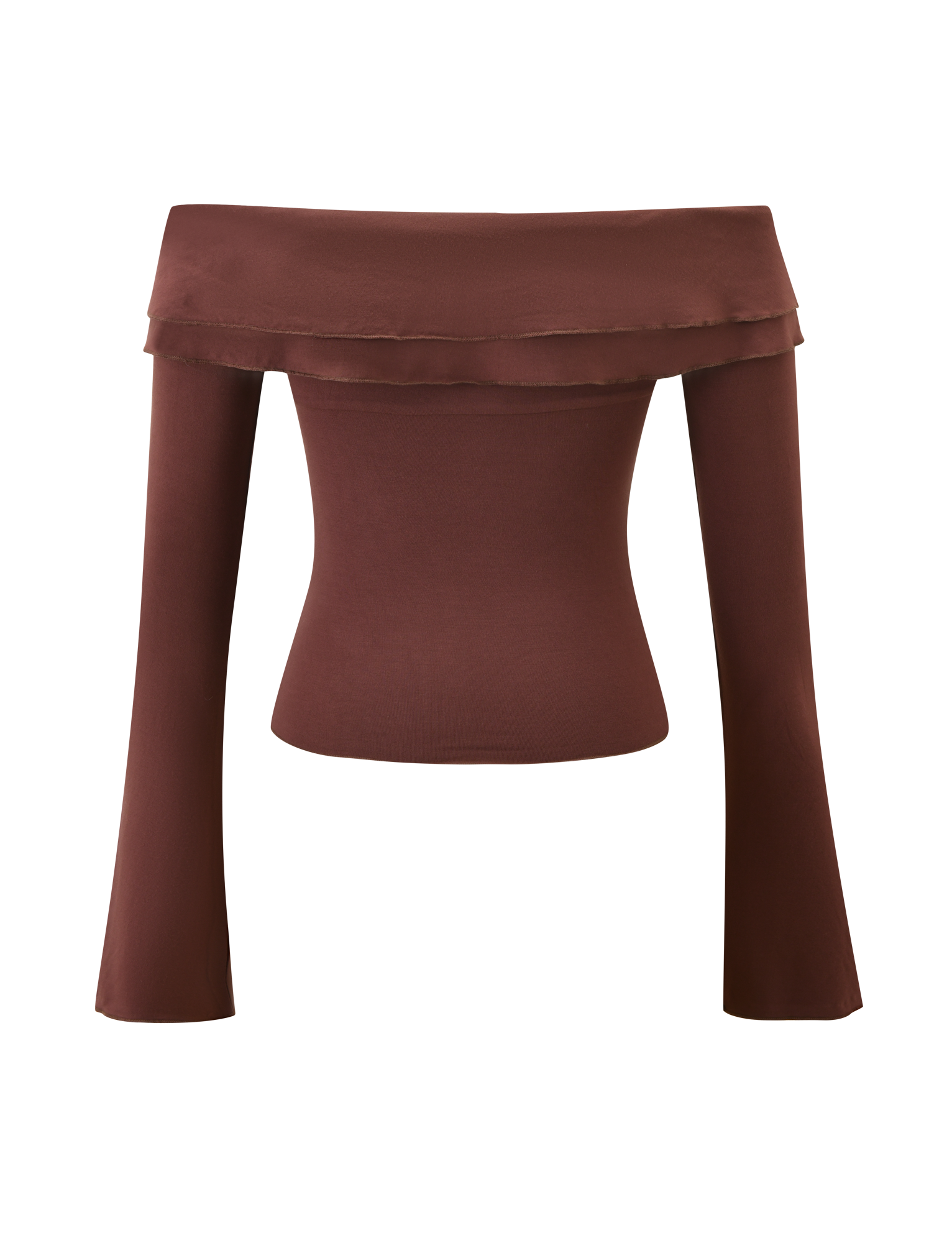 The TIGERMIST DENALI LONG SLEEVE TOP in chocolate features an off-the-shoulder, sweetheart neckline with a fitted bodice and slightly flared sleeves, finished with a wide folded-over detail. Shown against a white background.