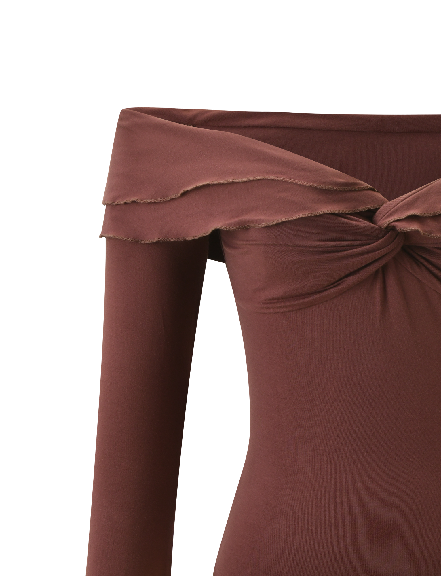 Close-up of the TIGERMIST DENALI LONG SLEEVE TOP in chocolate, an off-shoulder design with long sleeves, a twisted knot at the bust, and layered fabric along the sweetheart neckline.