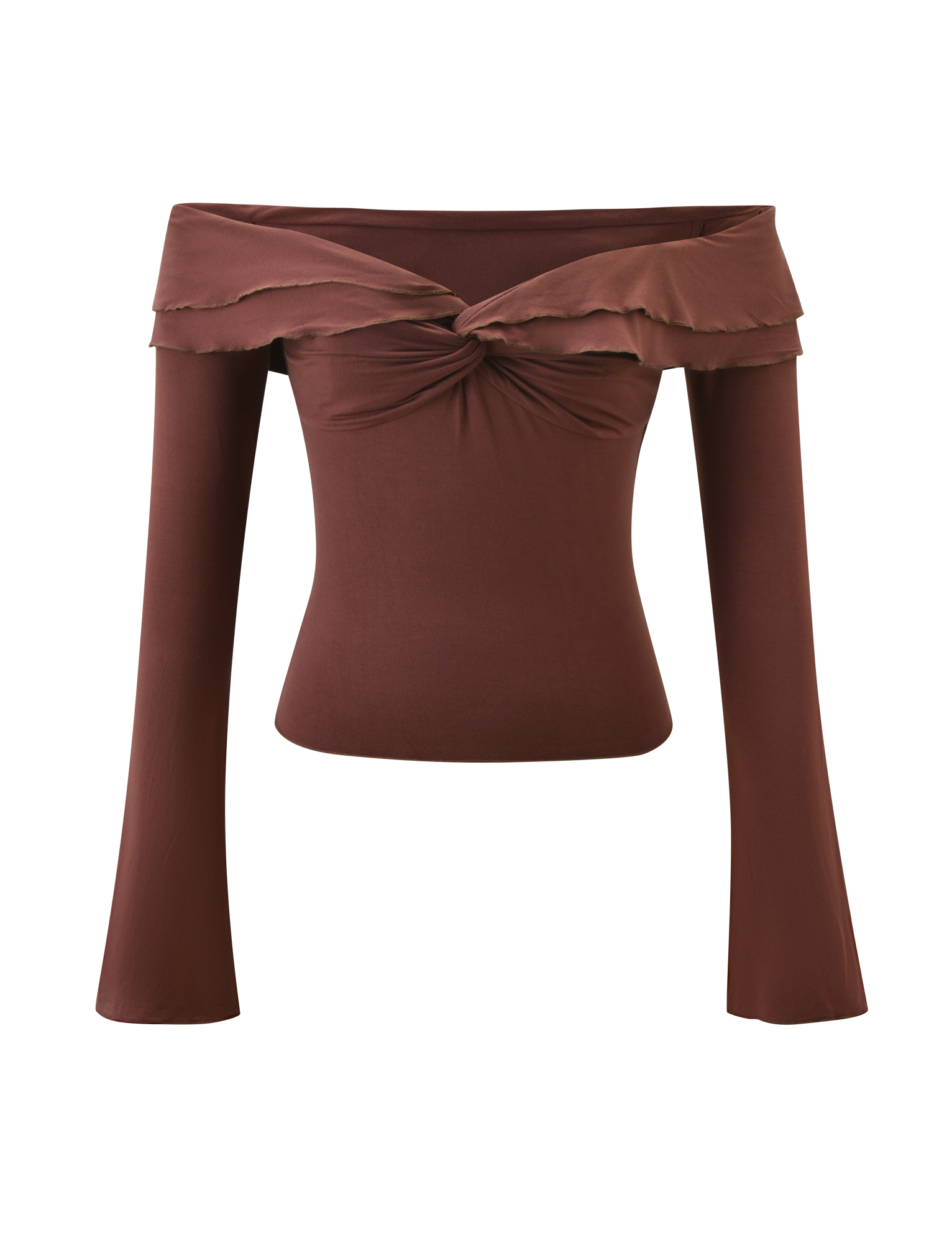 The DENALI LONG SLEEVE TOP - CHOCOLATE by TIGERMIST features long sleeves, a layered sweetheart neckline, an off-shoulder silhouette, a knotted front detail, and subtly flared sleeves.