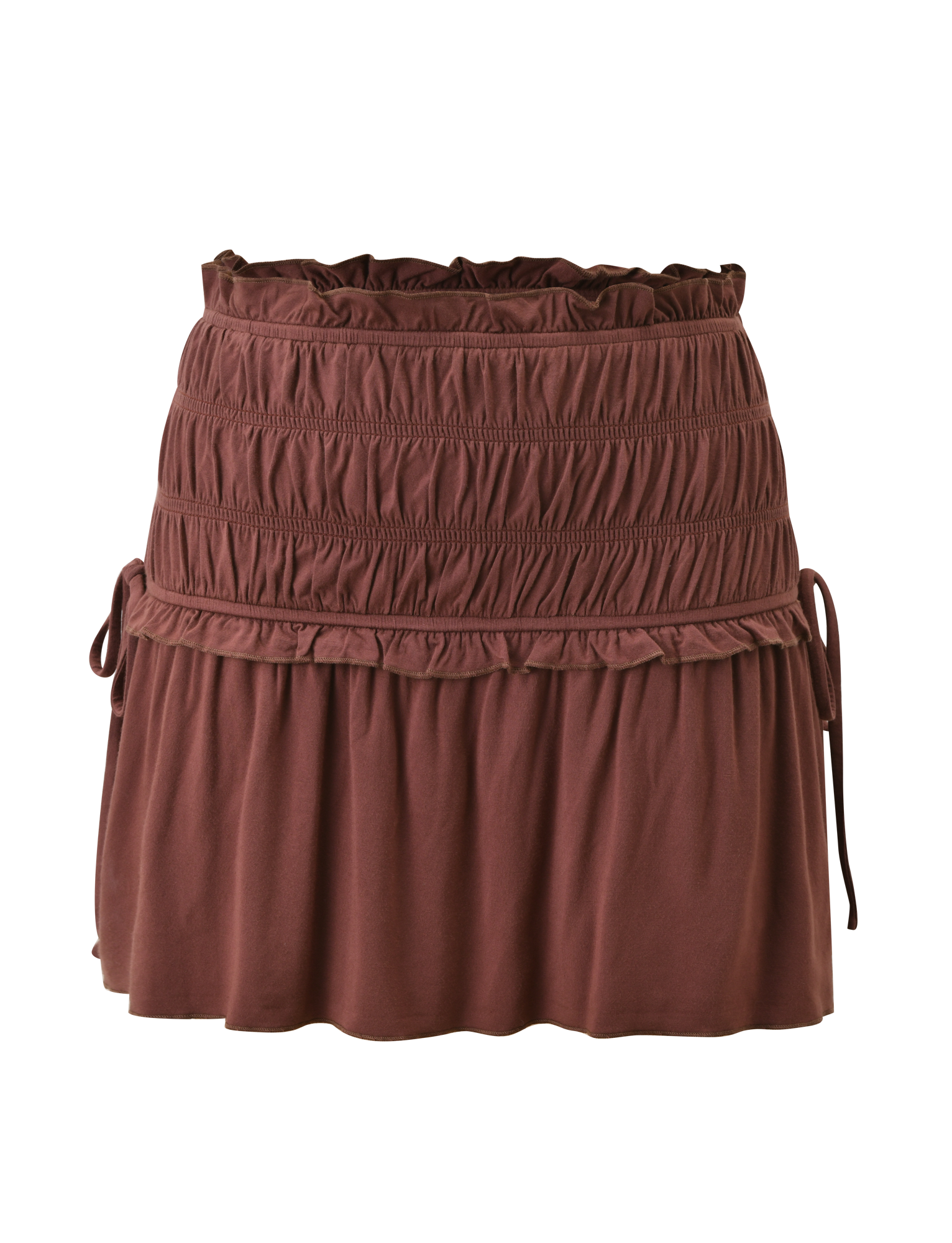 The TIGERMIST DENALI MINI SKIRT - CHOCOLATE features a wide shirred waistband, ruched detailing, ruffled trim, and drawstring ties on each side, shown against a white background.