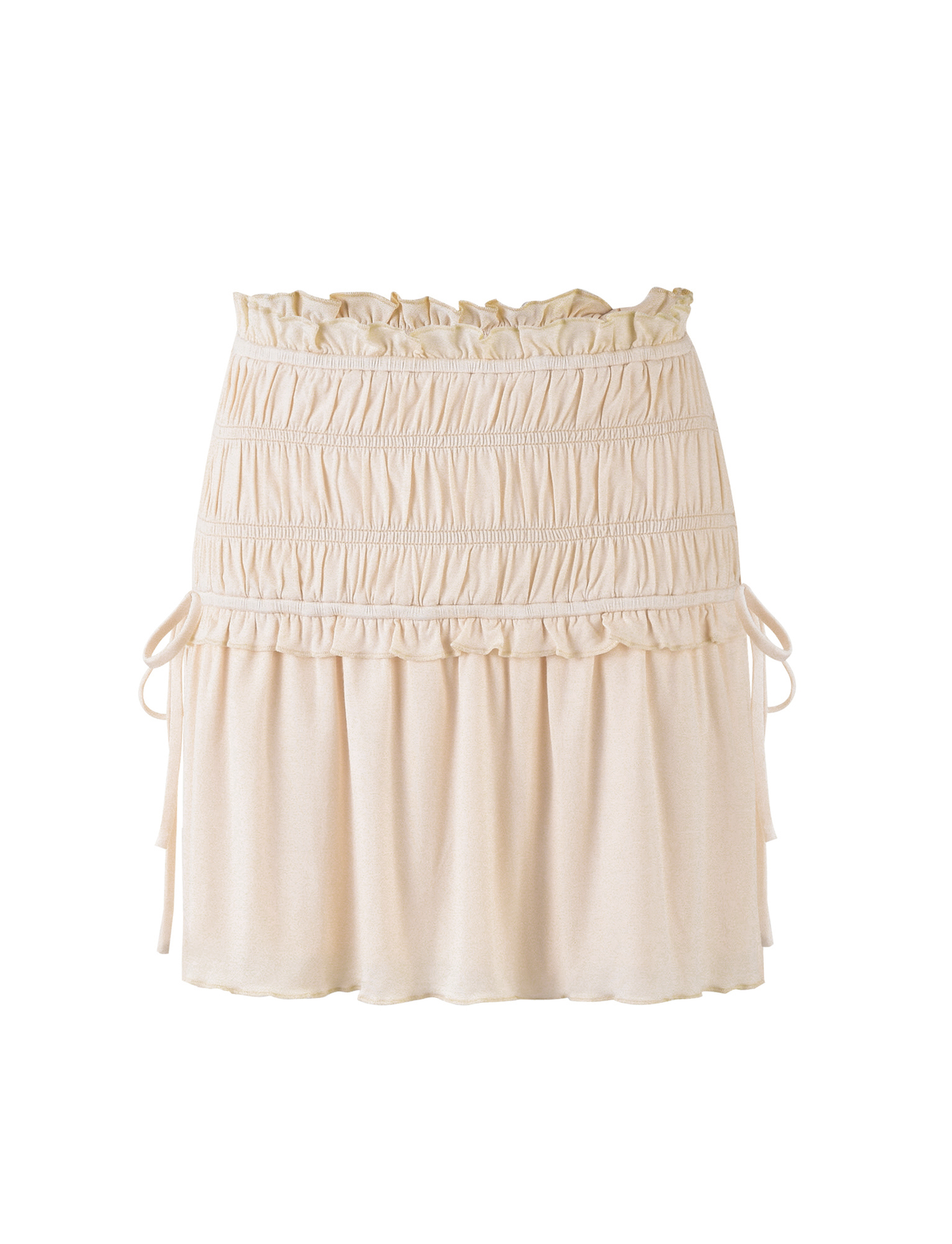 The TIGERMIST DENALI MINI SKIRT - WHITE : BONE features a mid-rise waist, ruched elasticized top, side ties, and ruffled hem in buttery jersey. Shown in light beige against a white background.