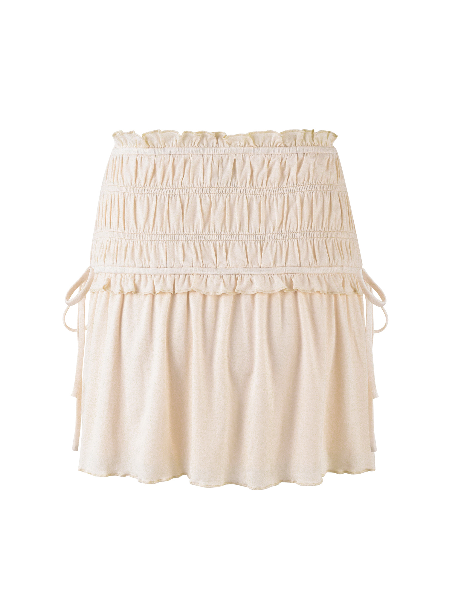 The DENALI MINI SKIRT - WHITE : BONE by TIGERMIST is crafted in buttery jersey with a smocked, ruffled, mid-rise waistband. Gathered details and side ties accent the softly flared hem for a flowy, feminine look.