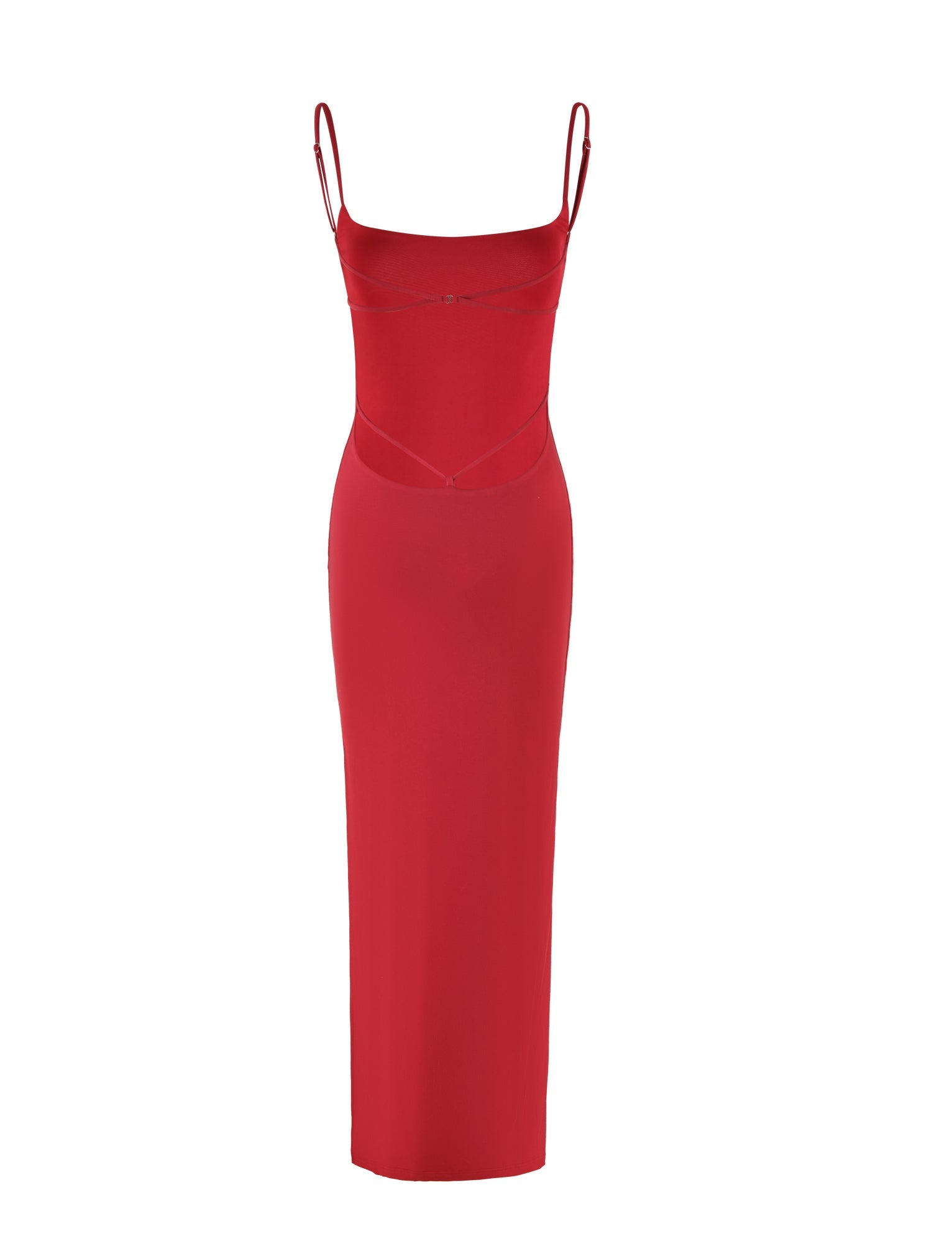 Presenting the Minerva Maxi Dress in Berry Red by TIGERMIST: a vibrant, form-fitting and sleek gown with adjustable shoulder straps and a slightly curved neckline. This elegant dress features subtle waist cutouts and a long skirt that drapes gracefully to the floor, embodying modern style perfect for formal occasions.