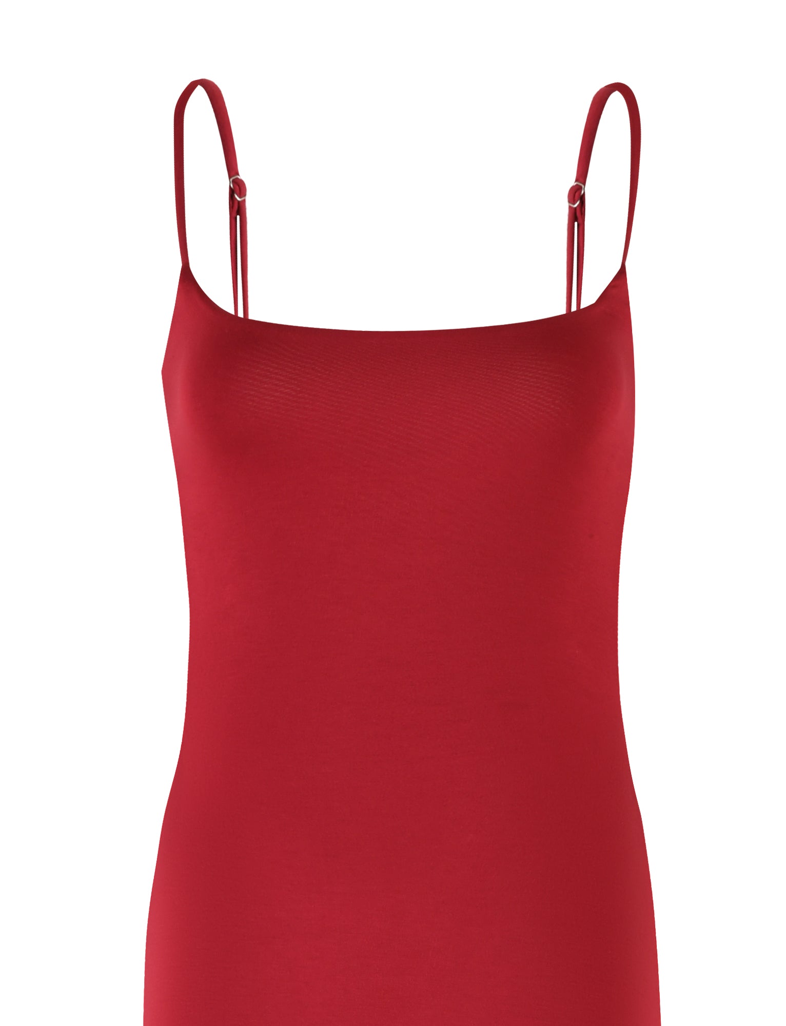 A TIGERMIST Minerva Maxi Dress in Berry Red features thin, adjustable shoulder straps, a fitted bodice, and a straight neckline, showcased against a plain white background.