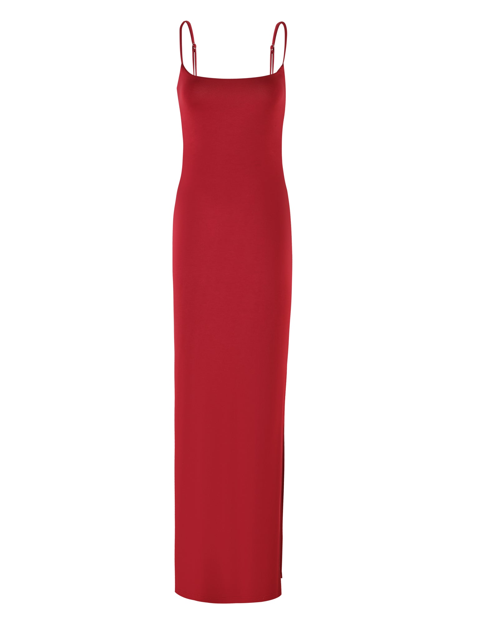 The BERRY RED MINERVA MAXI DRESS by TIGERMIST is a sleeveless bodycon maxi dress featuring thin, adjustable shoulder straps and a straight neckline. This form-fitting design extends to the floor, creating an elegant and sleek silhouette.