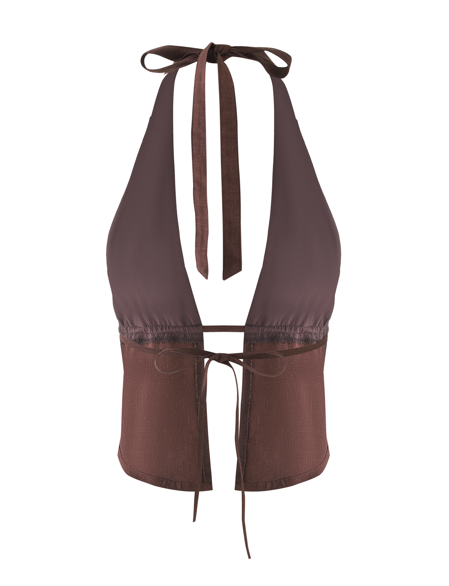 The LAINEY TOP - CHOCOLATE by TIGERMIST is a sleeveless halter top in brown linen, featuring a deep V-neck, neck straps, and a tie-back waist for adjustable fit.