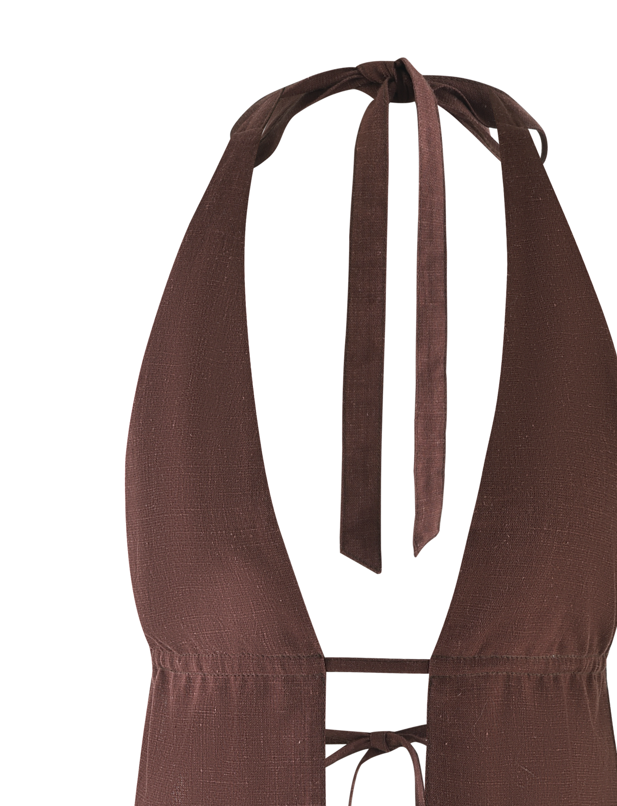 The LAINEY TOP - CHOCOLATE by TIGERMIST features a chocolate brown linen halter bikini style with textured fabric, a front tie detail, and a deep V neckline for adjustable fit.