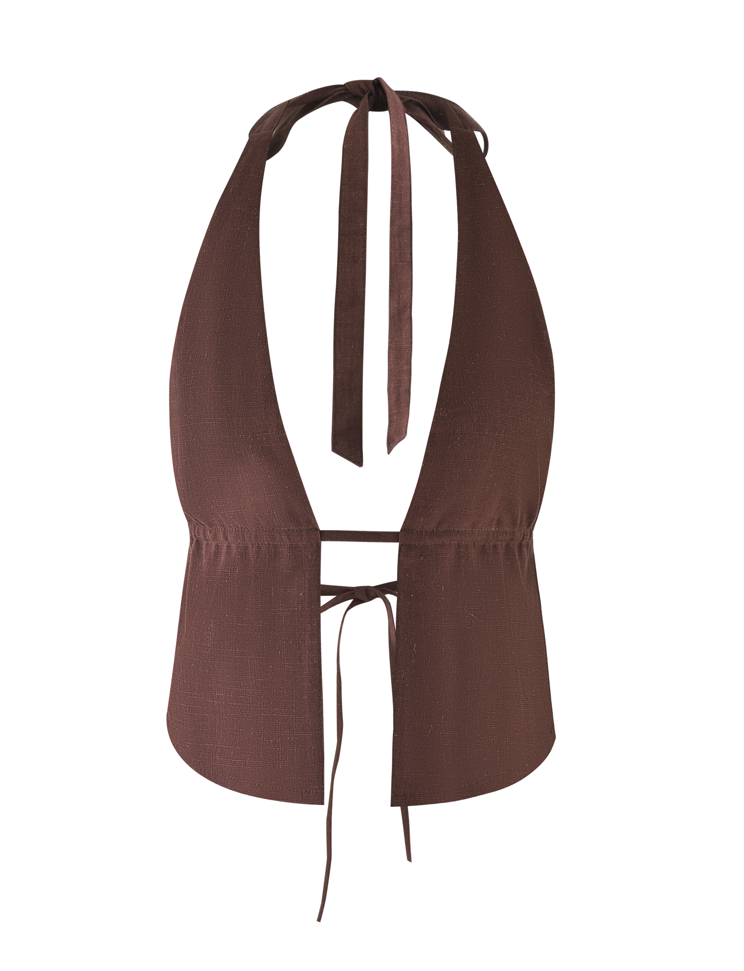 The LAINEY TOP - CHOCOLATE by TIGERMIST is a chocolate brown linen halter with a deep V-neckline, gathered underbust seam, and adjustable neck and back ties for a customizable fit.
