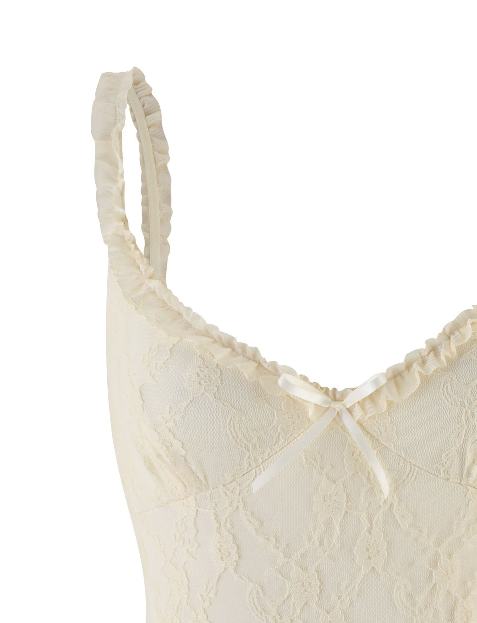 Close-up of the TIGERMIST DEJA BODYSUIT in beige champagne lace, showcasing mesh ruffled shoulder straps and a satin bow at the neckline.