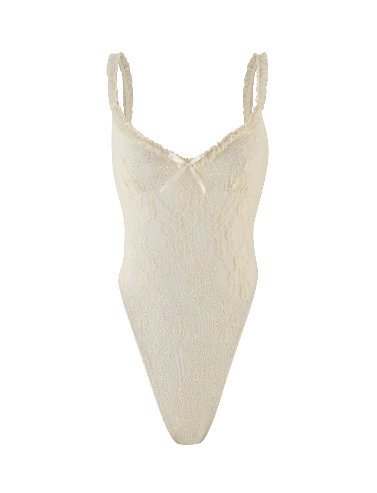 The DEJA BODYSUIT by TIGERMIST in champagne lace features ruffled mesh straps, a V-neckline, bodycon fit, and a delicate center bow.