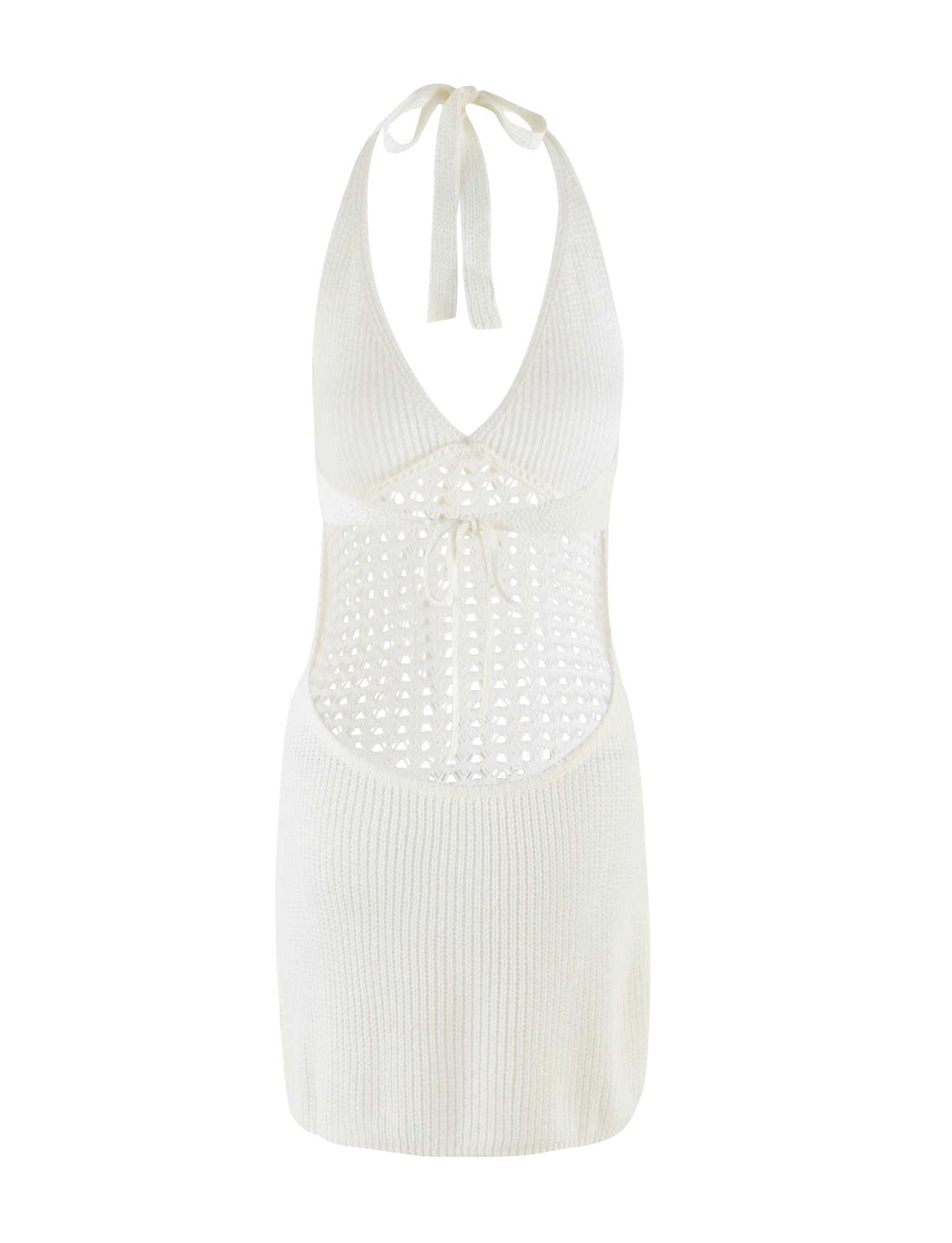 The DELTA MINI DRESS - WHITE by TIGERMIST is a white knit halter mini dress with an open midriff, tie-back straps, waist cutout, and ribbed crochet detailing on the skirt and bust.