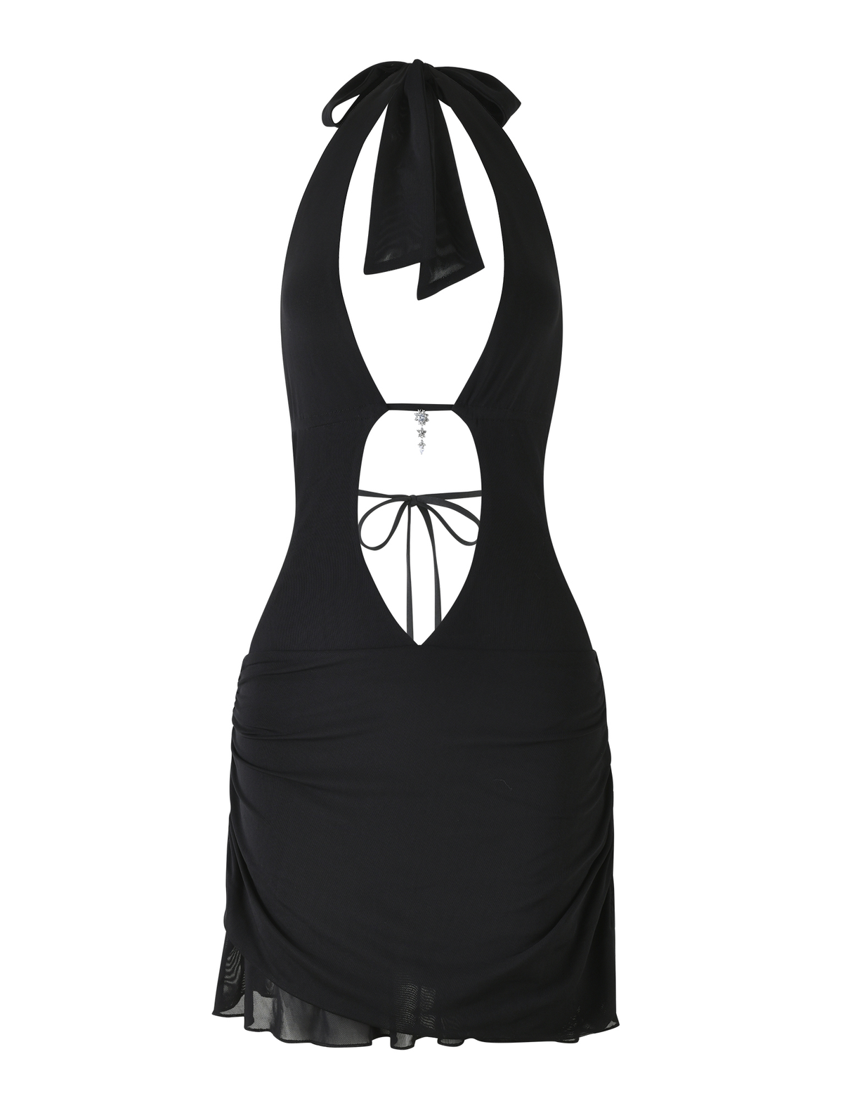 The TIGERMIST ESHA DRESS in black is a mini bodycon with halter straps, open back, front keyhole cutout, neckline and midsection tie detailing, ruched skirt, and a sheer hem for an alluring look.