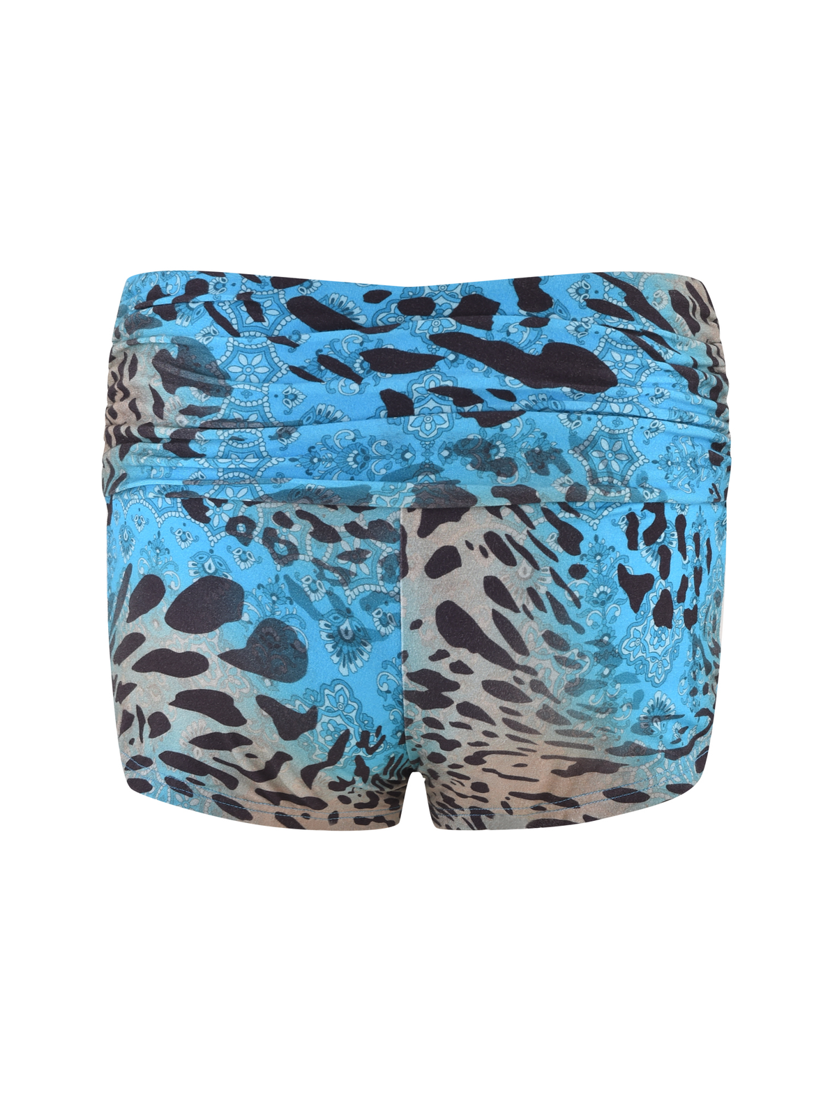 The KARINA SHORT - MULTI : LEOPARD : LEOPARD SWIRL by TIGERMIST features blue and beige abstract animal and paisley patterns, a foldover waistband, and is shown from the back against a white background.