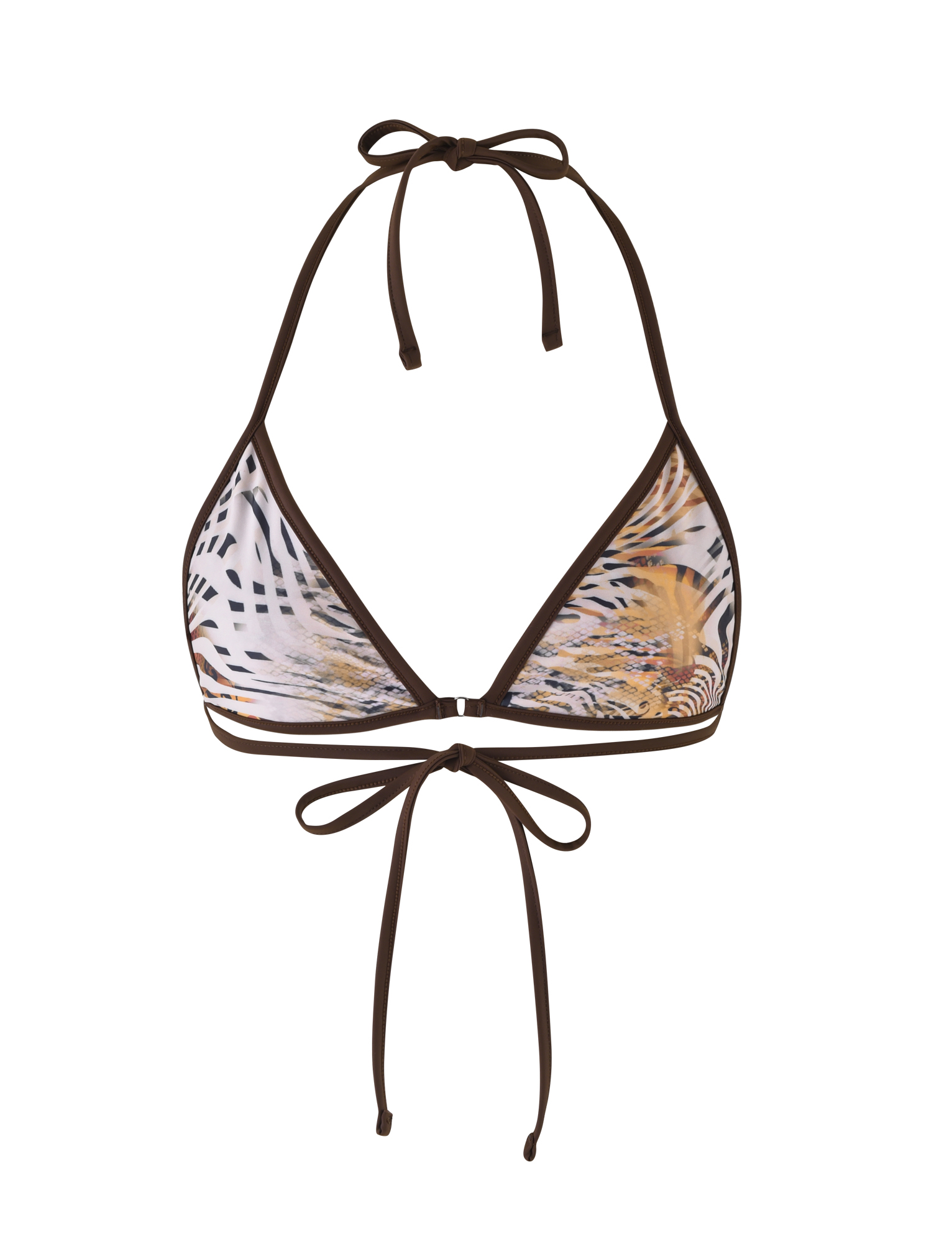 The DIANA BIKINI TOP - NEUTRAL : ANIMAL : ANIMAL MARBLE by TIGERMIST is a halter bikini top with animal print in black, white, and tan. Features dark brown straps and neck/back ties. Displayed on a white background.