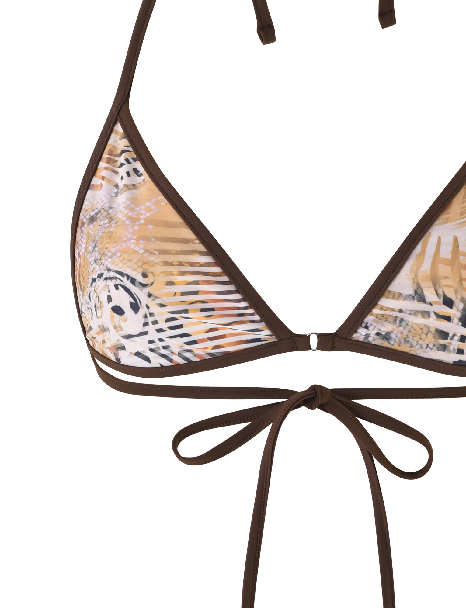 The TIGERMIST DIANA BIKINI TOP in Neutral Animal Marble features a halter style with brown straps, an abstract tan, white, and black animal print, and adjustable ties at the back and neck.