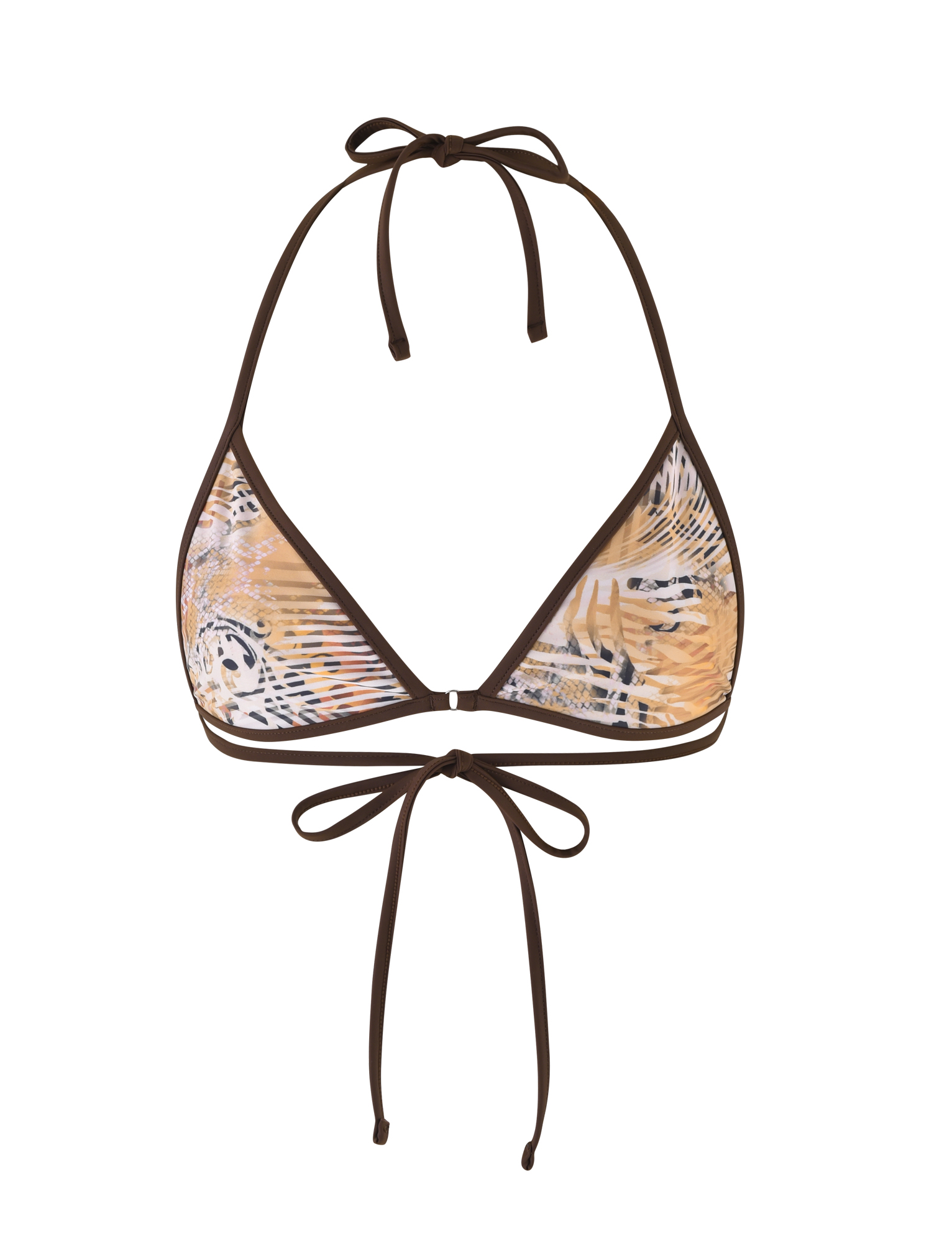 The DIANA BIKINI TOP - NEUTRAL : ANIMAL MARBLE by TIGERMIST is a halter bikini featuring brown neckline and underbust ties, with tropical leaf and abstract animal prints in beige, white, and black tones.