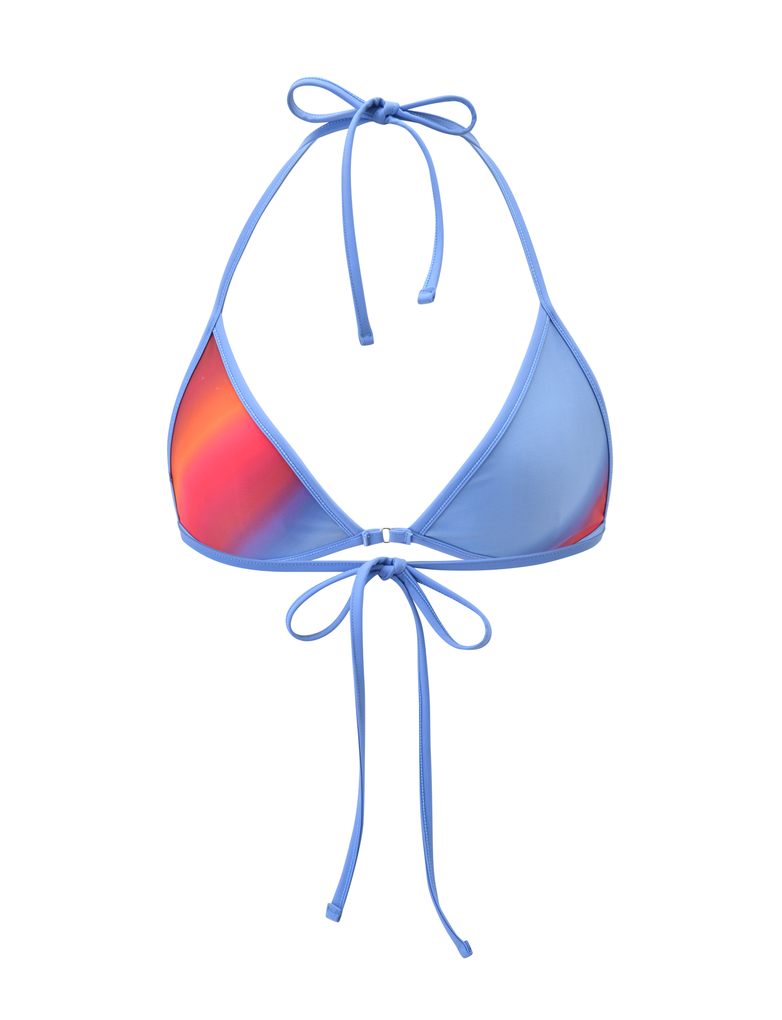 The DIANA BIKINI TOP - CIELO OMBRE by TIGERMIST is a blue triangle bikini top with thin halter straps and one cup featuring a red and orange ombre stripe design.
