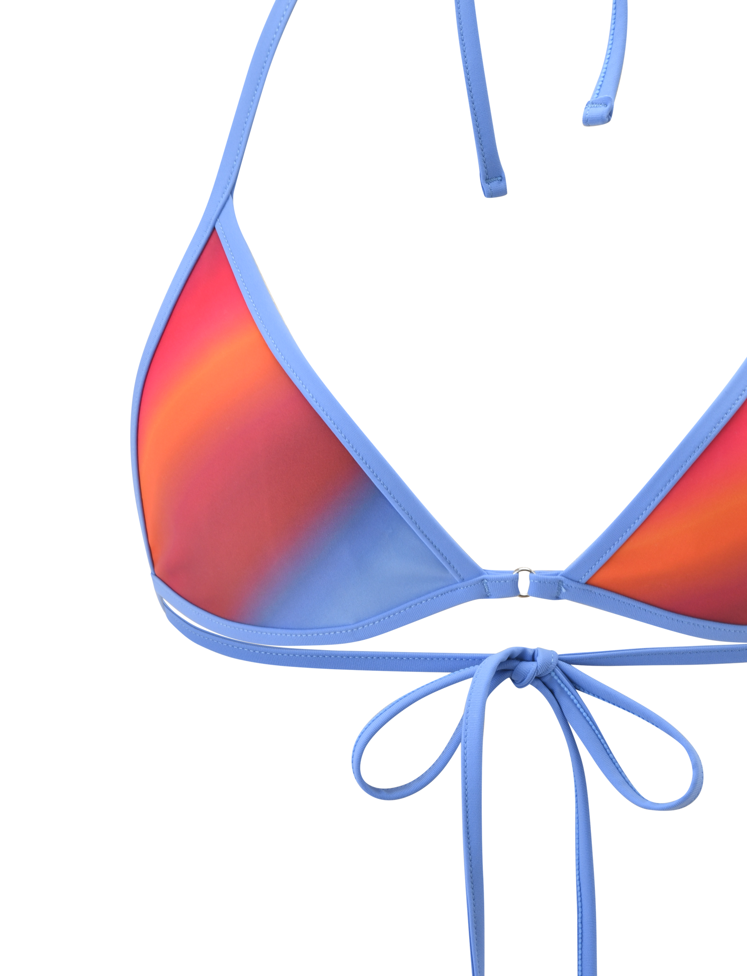 A close-up of the TIGERMIST DIANA BIKINI TOP - CIELO OMBRE, featuring orange and pink ombre stripe cups with blue trim, halter neck ties, a center bow, and a plain white background.