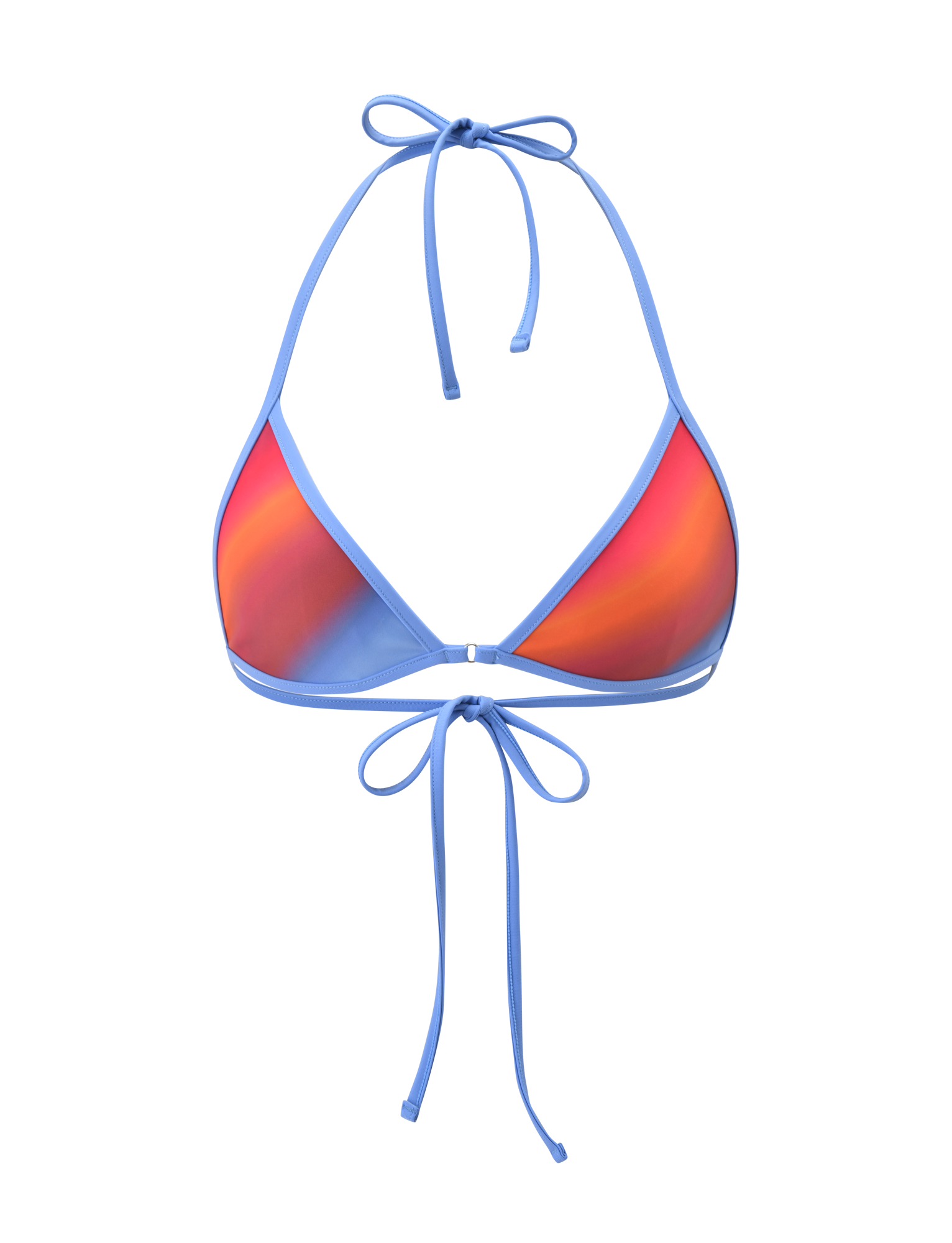The TIGERMIST DIANA BIKINI TOP - CIELO OMBRE features a blue string halter style with a shiny ombre stripe gradient in red, orange, and purple on the cups, shown against a plain white background.