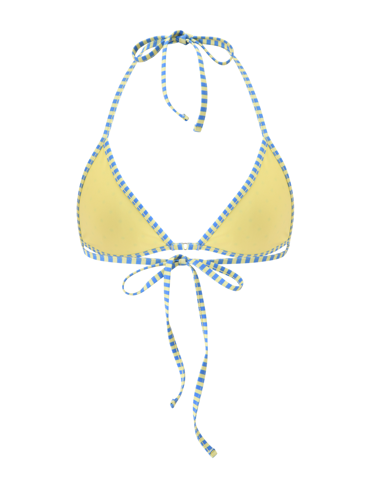 The DIANA BIKINI TOP - LEMON AND BLUEBERRY SPOT by TIGERMIST features a halter style with blue and white checkered straps and adjustable back ties, shown on a white background.