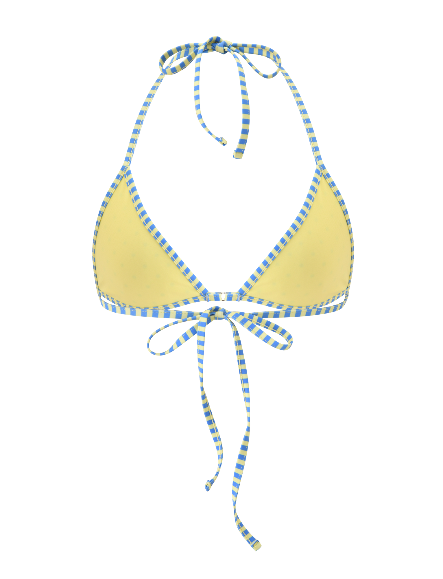 The DIANA BIKINI TOP - LEMON AND BLUEBERRY SPOT by TIGERMIST features a halter style with blue and white checkered straps and adjustable back ties, shown on a white background.