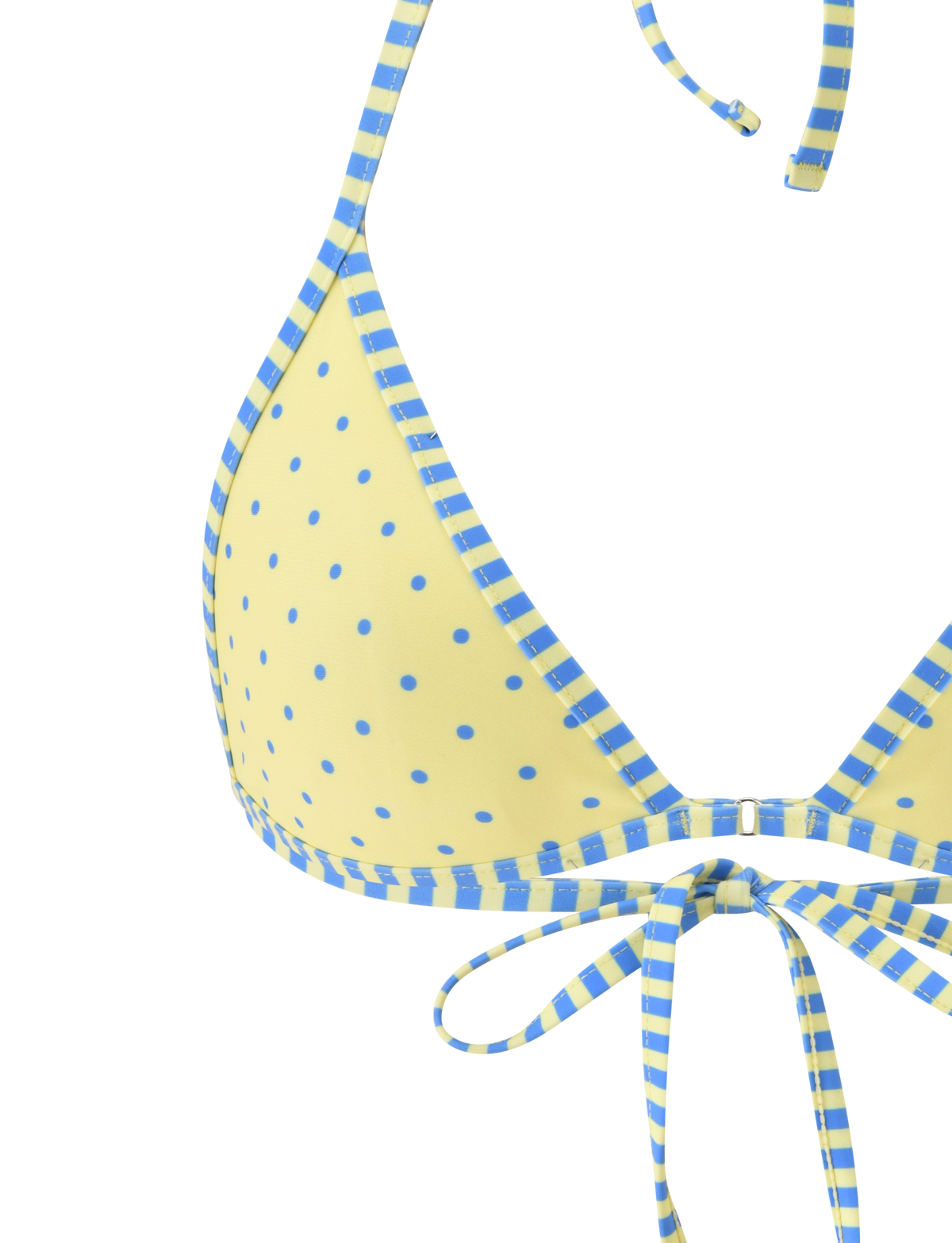 Close-up of the TIGERMIST DIANA BIKINI TOP - LEMON AND BLUEBERRY SPOT, a halter style featuring yellow and blue polka dots, striped trim, neck strap, and a playful front bow tie detail.