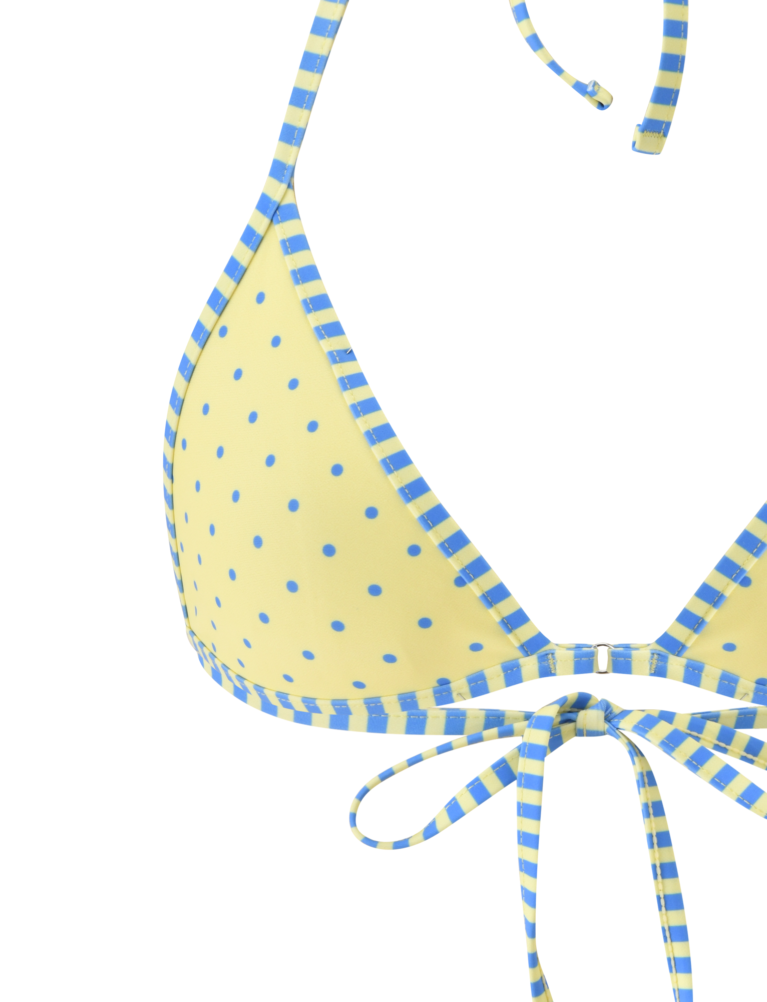 Close-up of the TIGERMIST DIANA BIKINI TOP - LEMON AND BLUEBERRY SPOT, a halter style featuring yellow and blue polka dots, striped trim, neck strap, and a playful front bow tie detail.