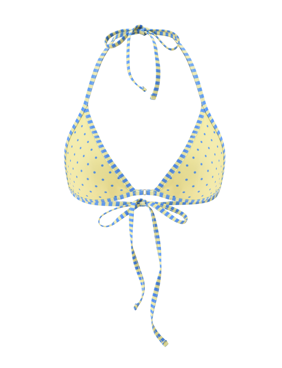 The DIANA BIKINI TOP - LEMON AND BLUEBERRY SPOT by TIGERMIST features a yellow and blue polka dot design with blue and white striped halter straps that tie at the neck and back.